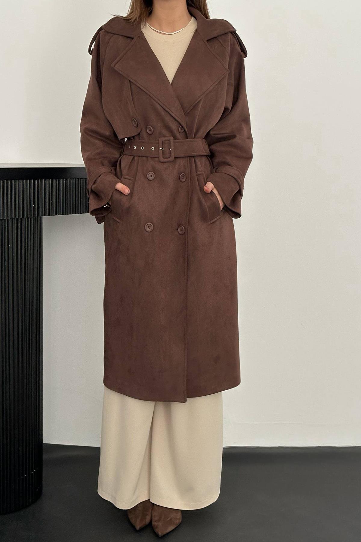Toptan Kahverengi Reglan Kollu Süet Trençkot