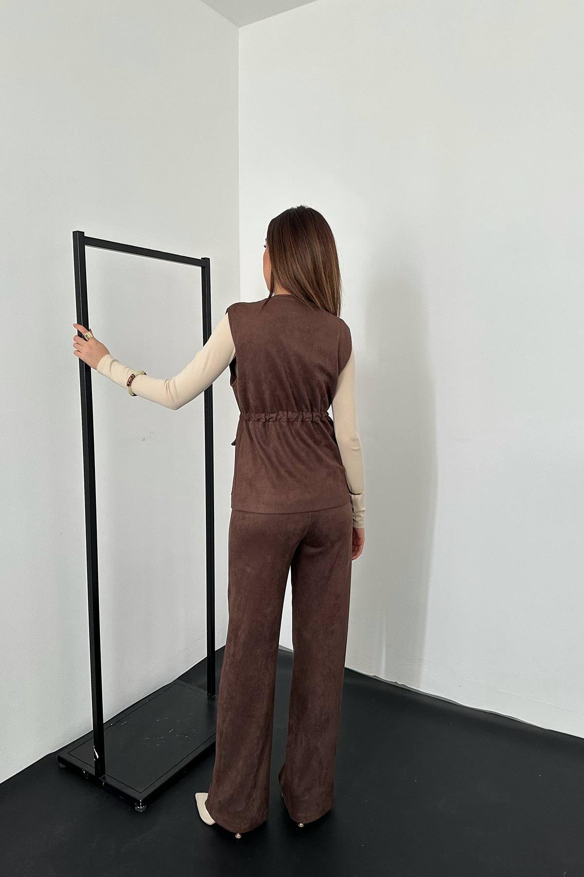 Toptan Kahverengi Süet Yelek Pantolon Takım