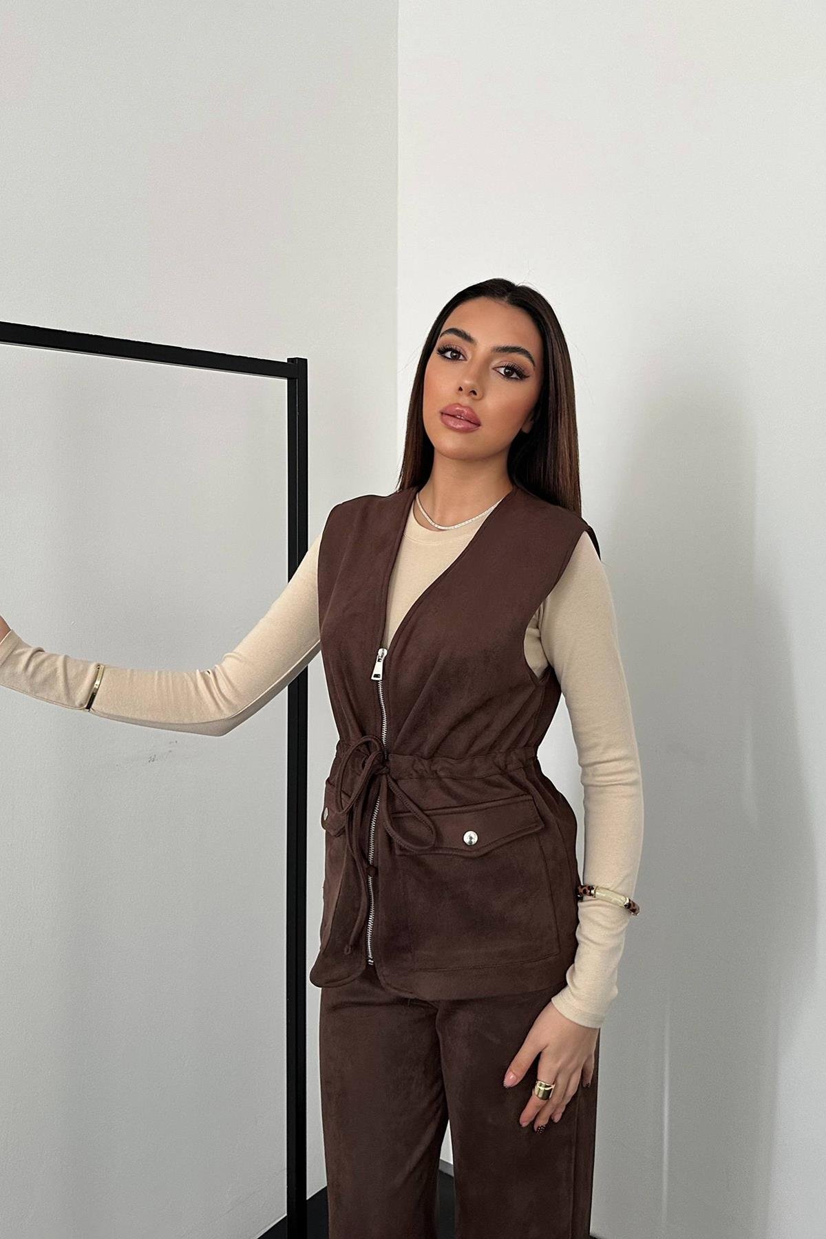 Toptan Kahverengi Süet Yelek Pantolon Takım