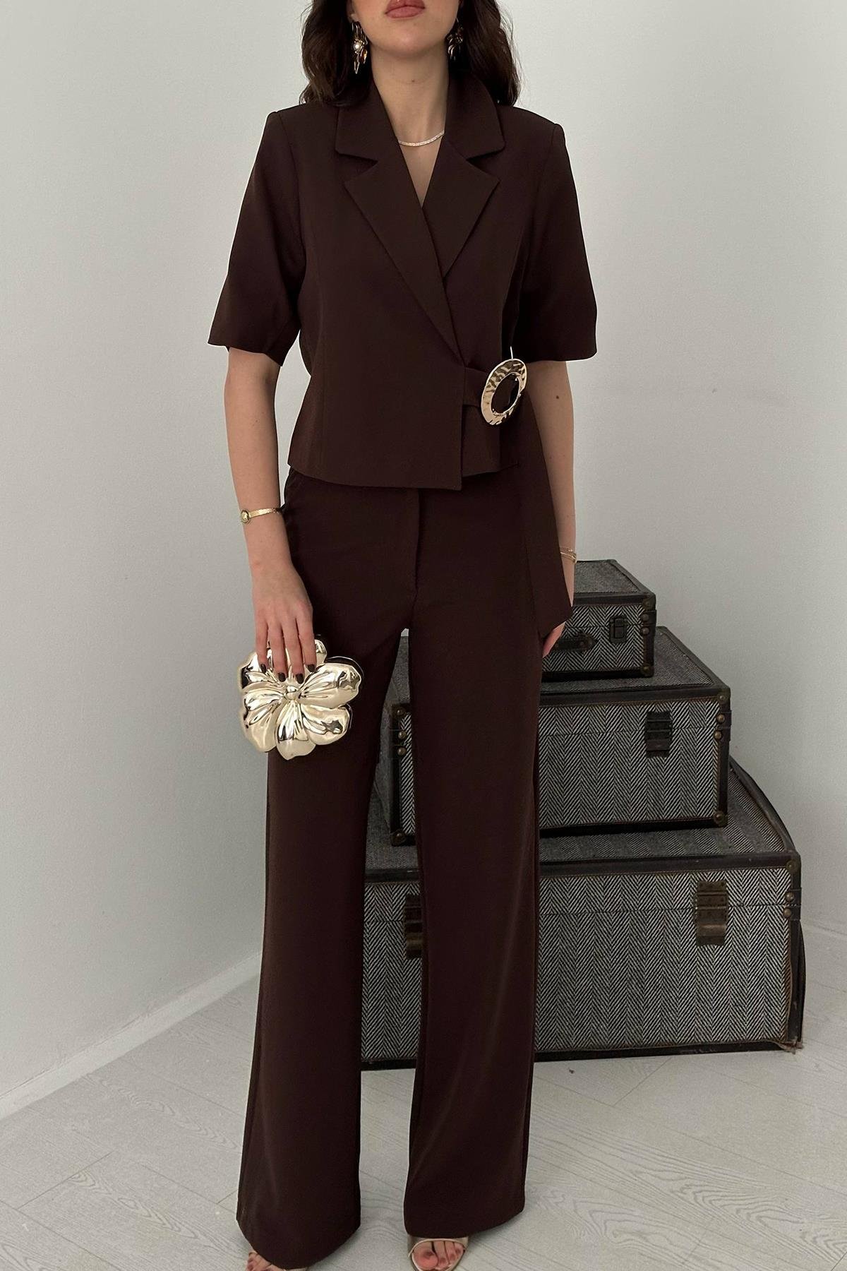 Toptan Kahverengi Tek Tokalı Ceket Ve Pantolon Takım