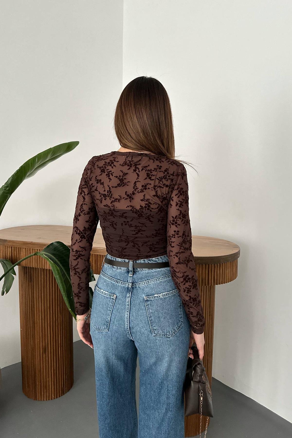 Toptan Kahverengi Transparan Bluz