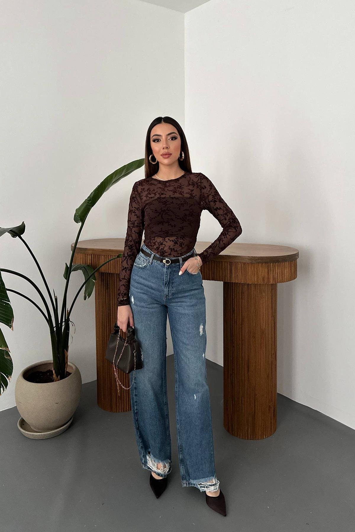 Toptan Kahverengi Transparan Bluz