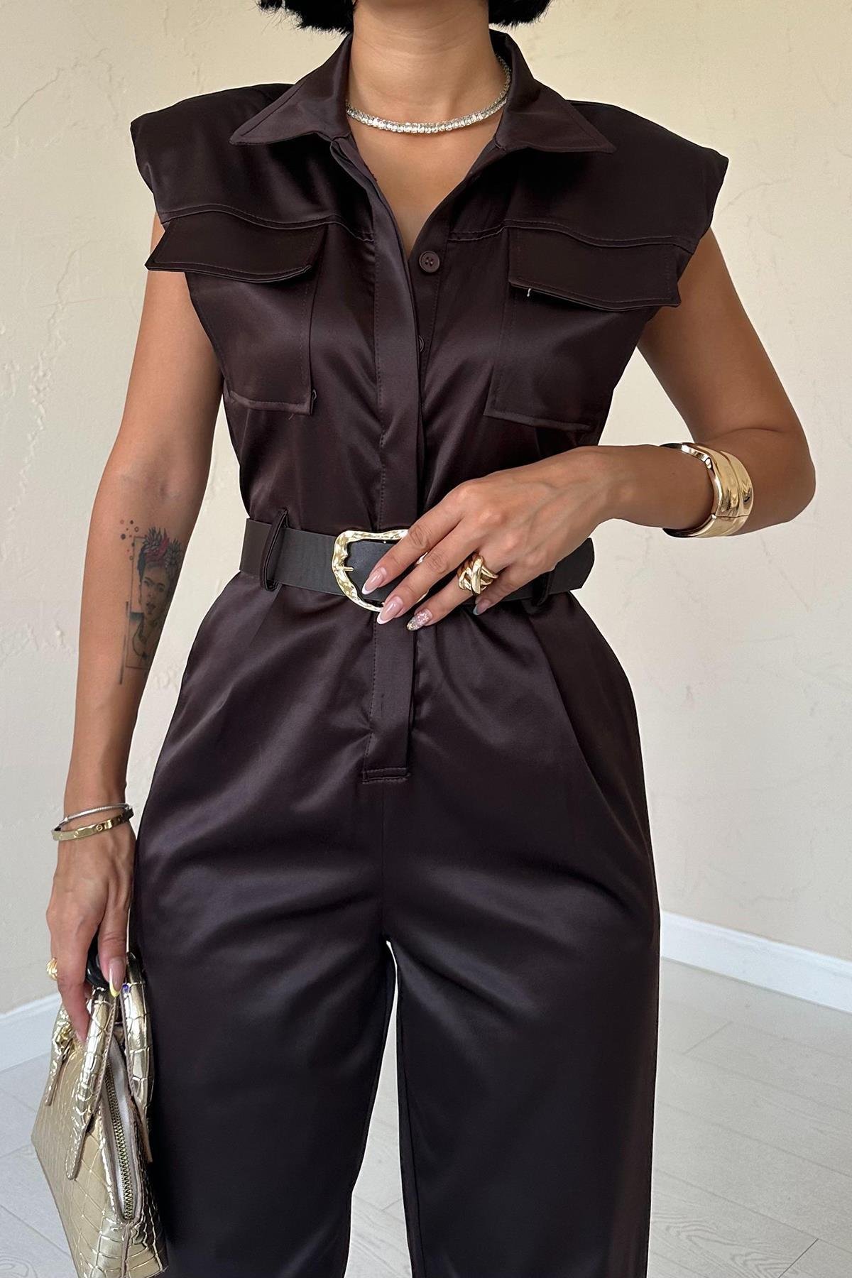 Toptan Kahverengi Vatkalı Kemerli Tulum