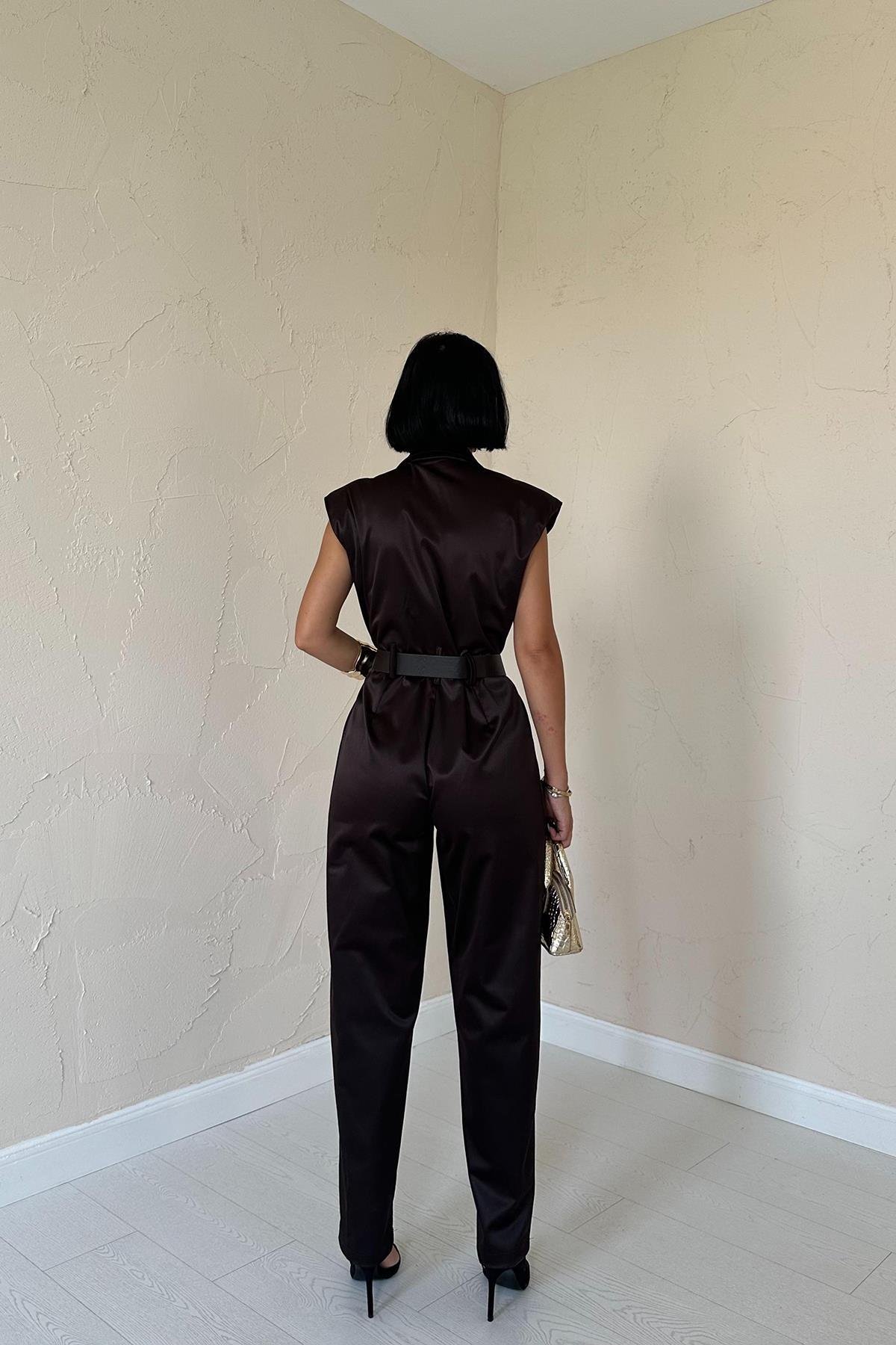 Toptan Kahverengi Vatkalı Kemerli Tulum