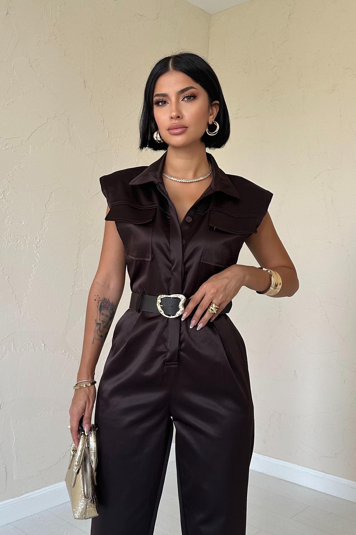 Toptan Kahverengi Vatkalı Kemerli Tulum