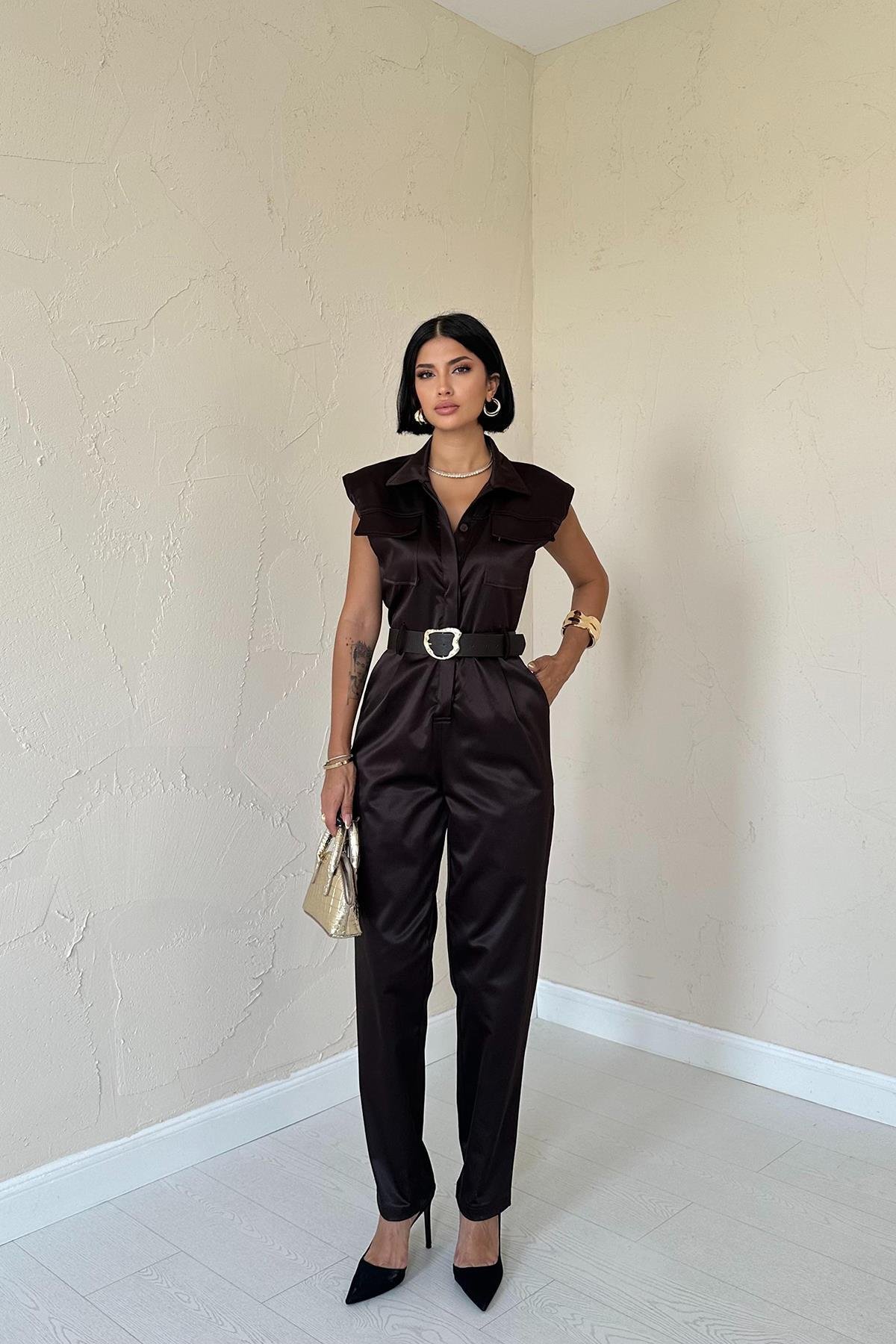 Toptan Kahverengi Vatkalı Kemerli Tulum