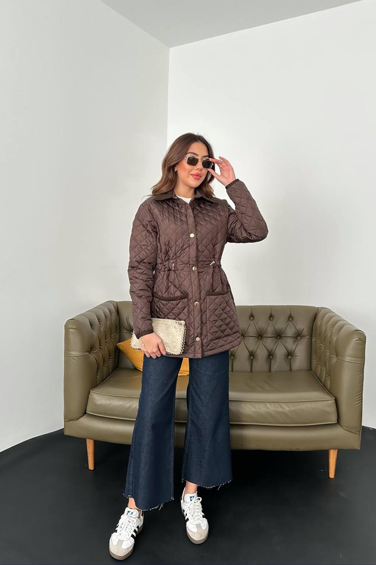 Toptan Kahverengi Yakası Süet Kapitone Ceket