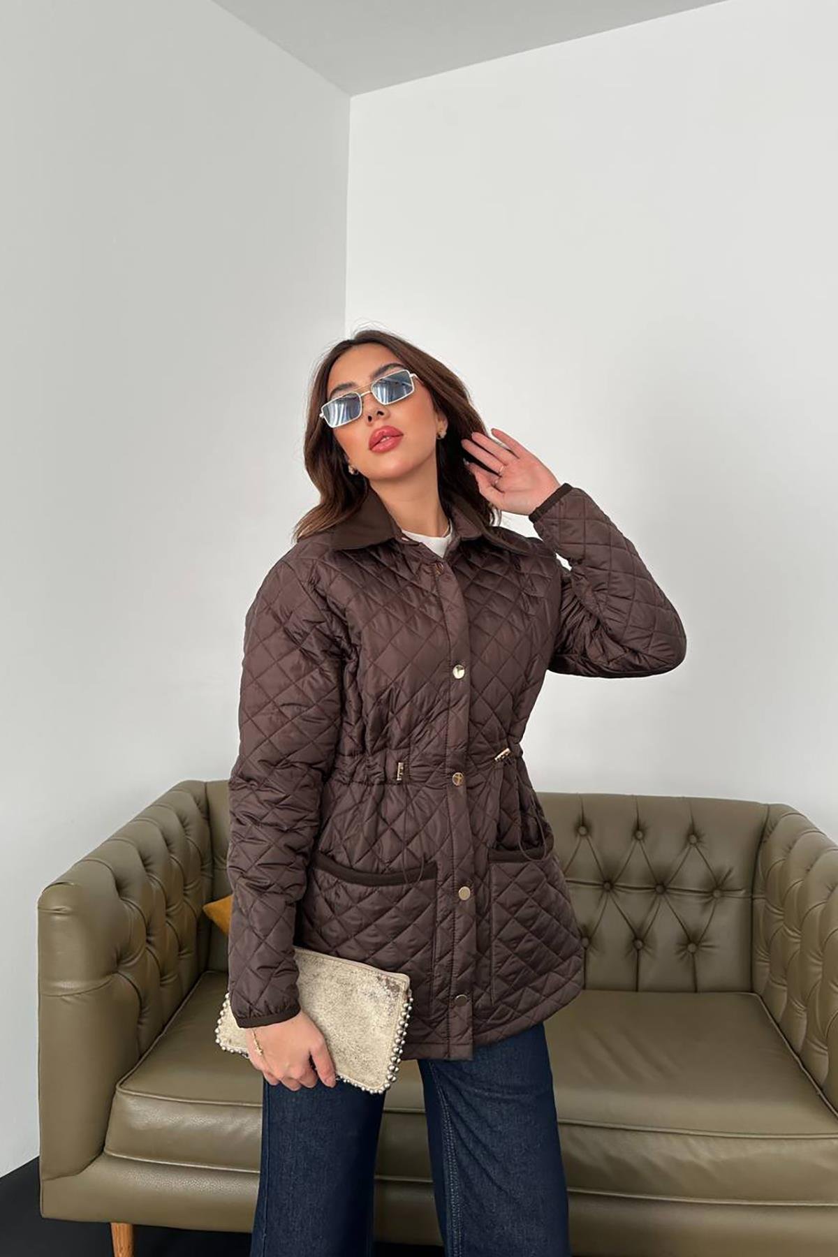 Toptan Kahverengi Yakası Süet Kapitone Ceket