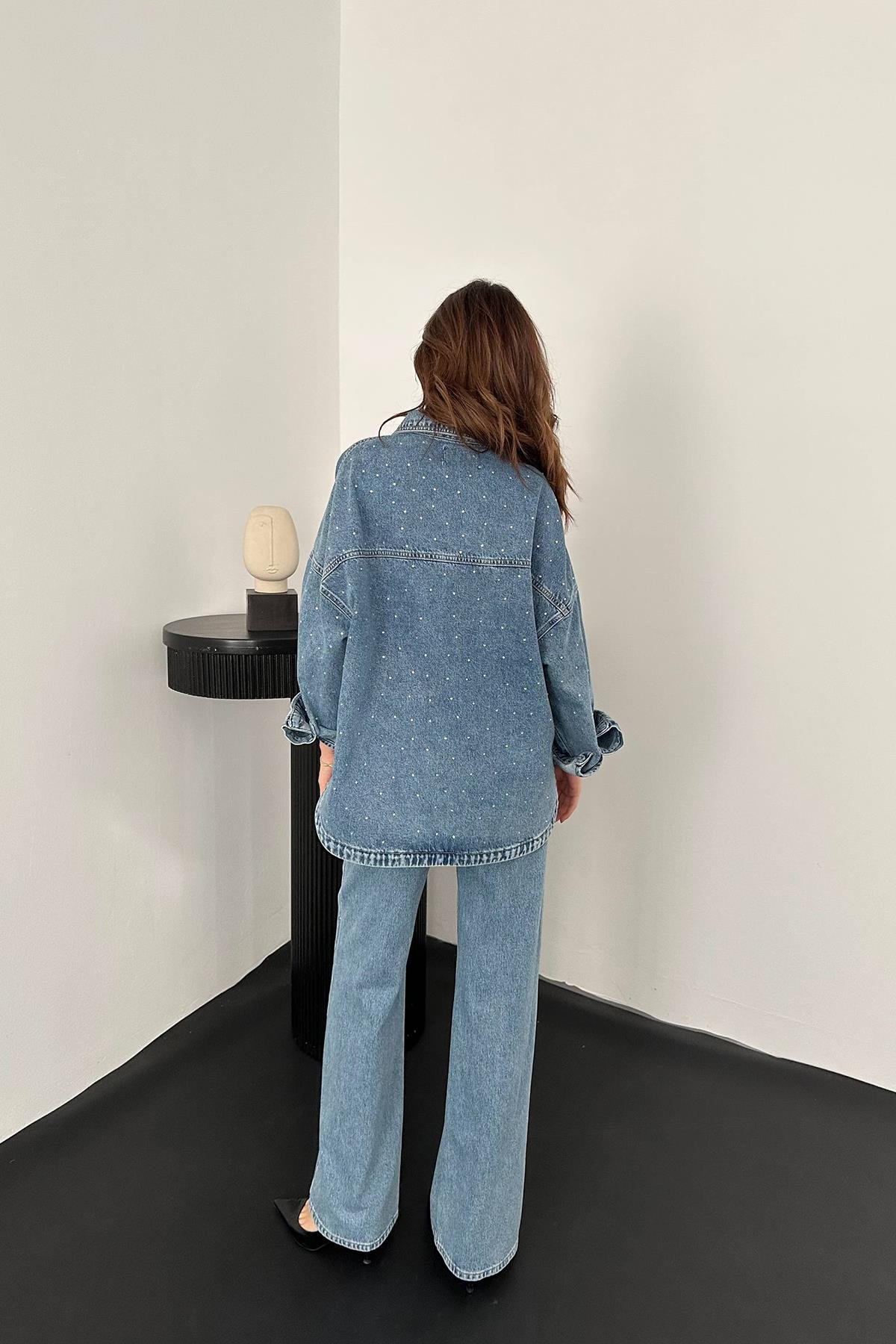 Toptan Kar Yıkama Taşlı Kot Gömlek Pantolon Takım