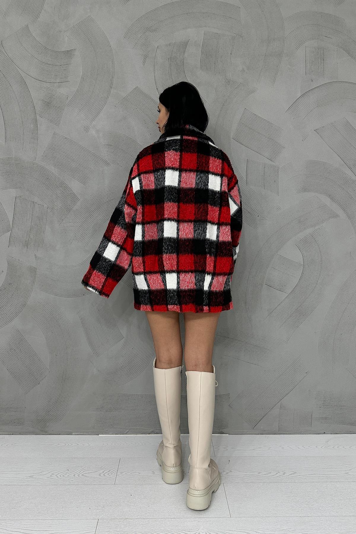 Red Buttoned Plaid Women'S Coat