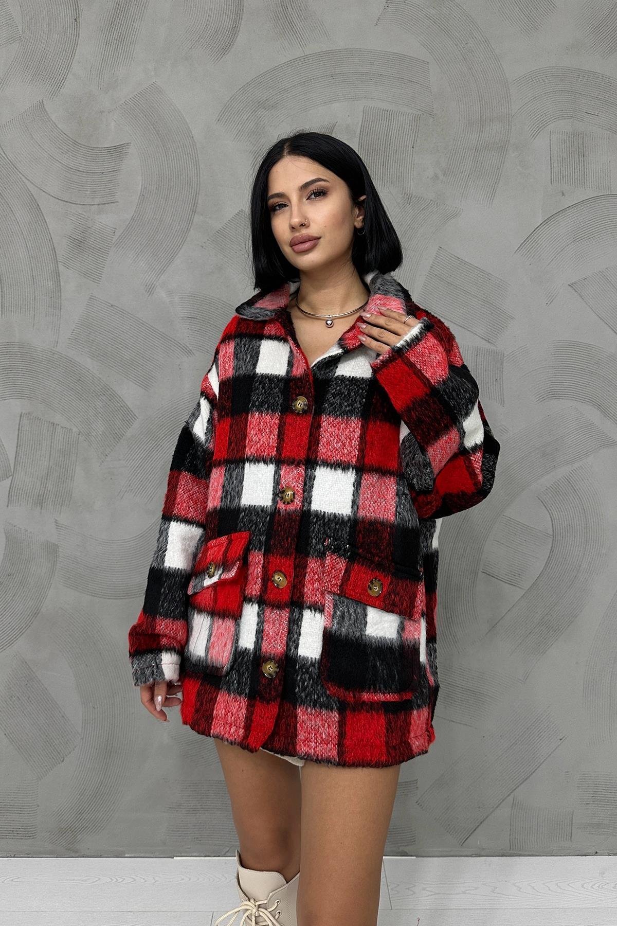 Red Buttoned Plaid Women'S Coat