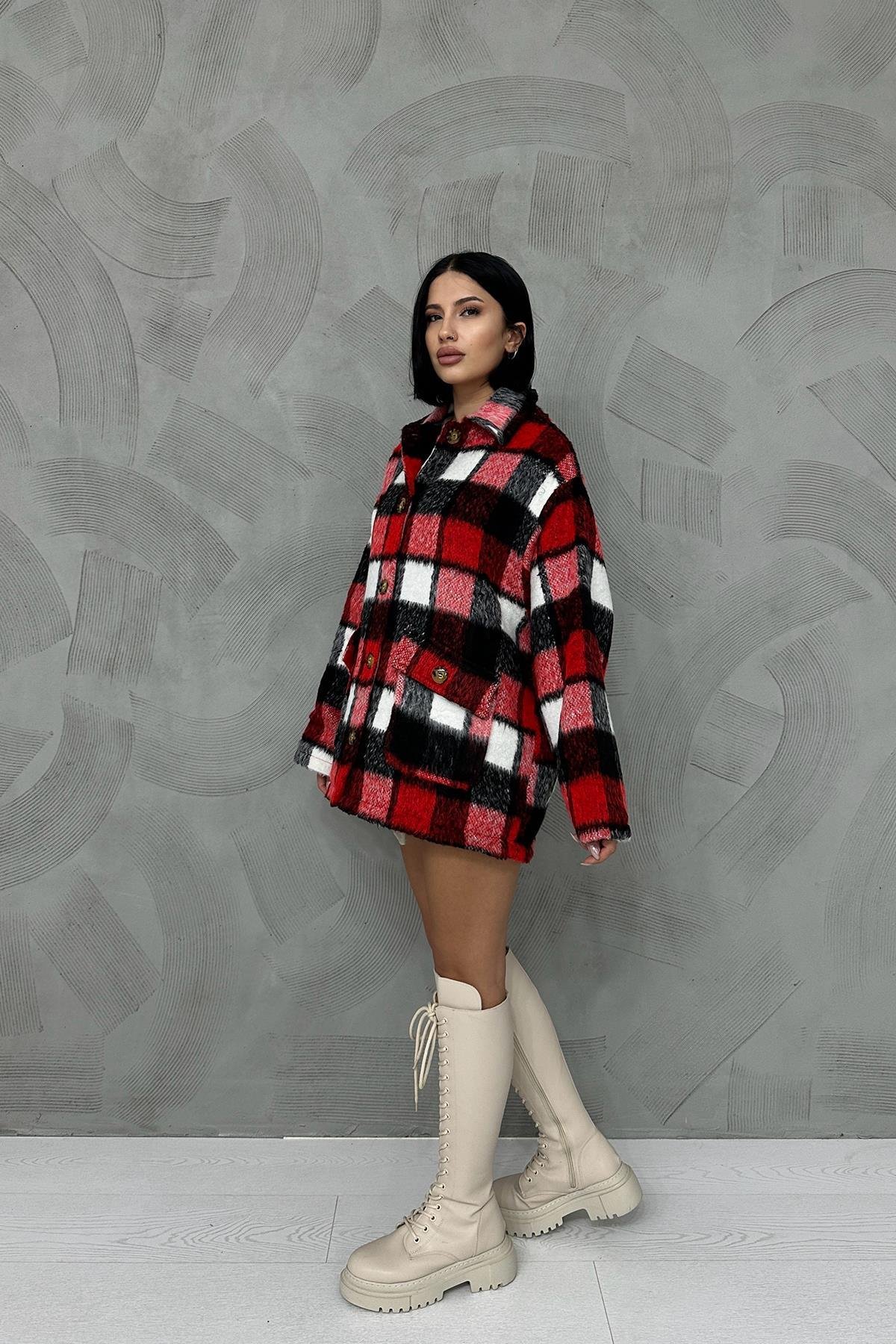 Red Buttoned Plaid Women'S Coat