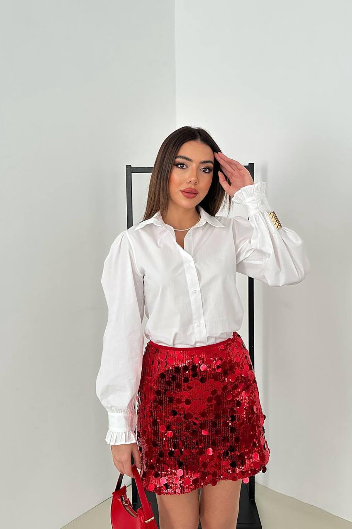 Toptan Kırmızı Pullu Kısa Etek