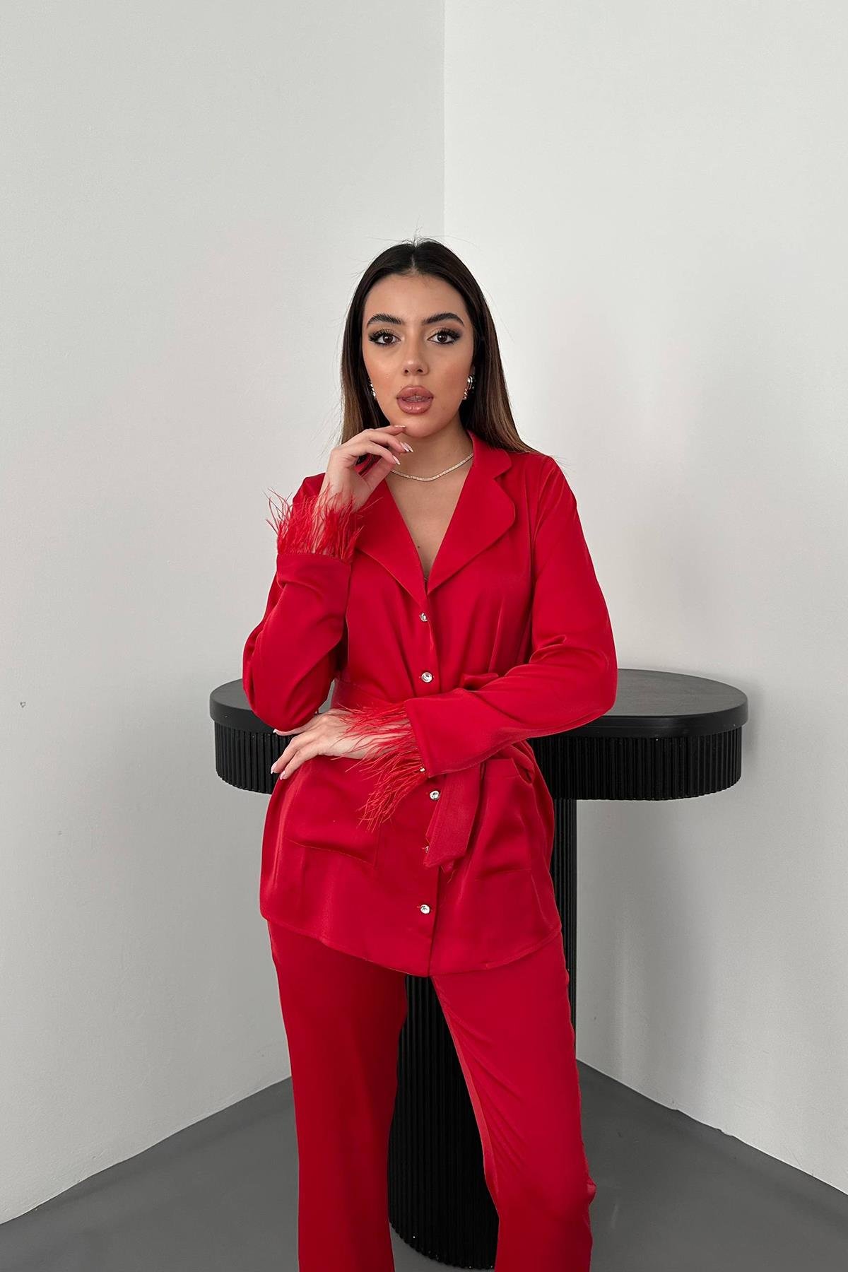 Toptan Kırmızı Püsküllü Saten İkili Takım