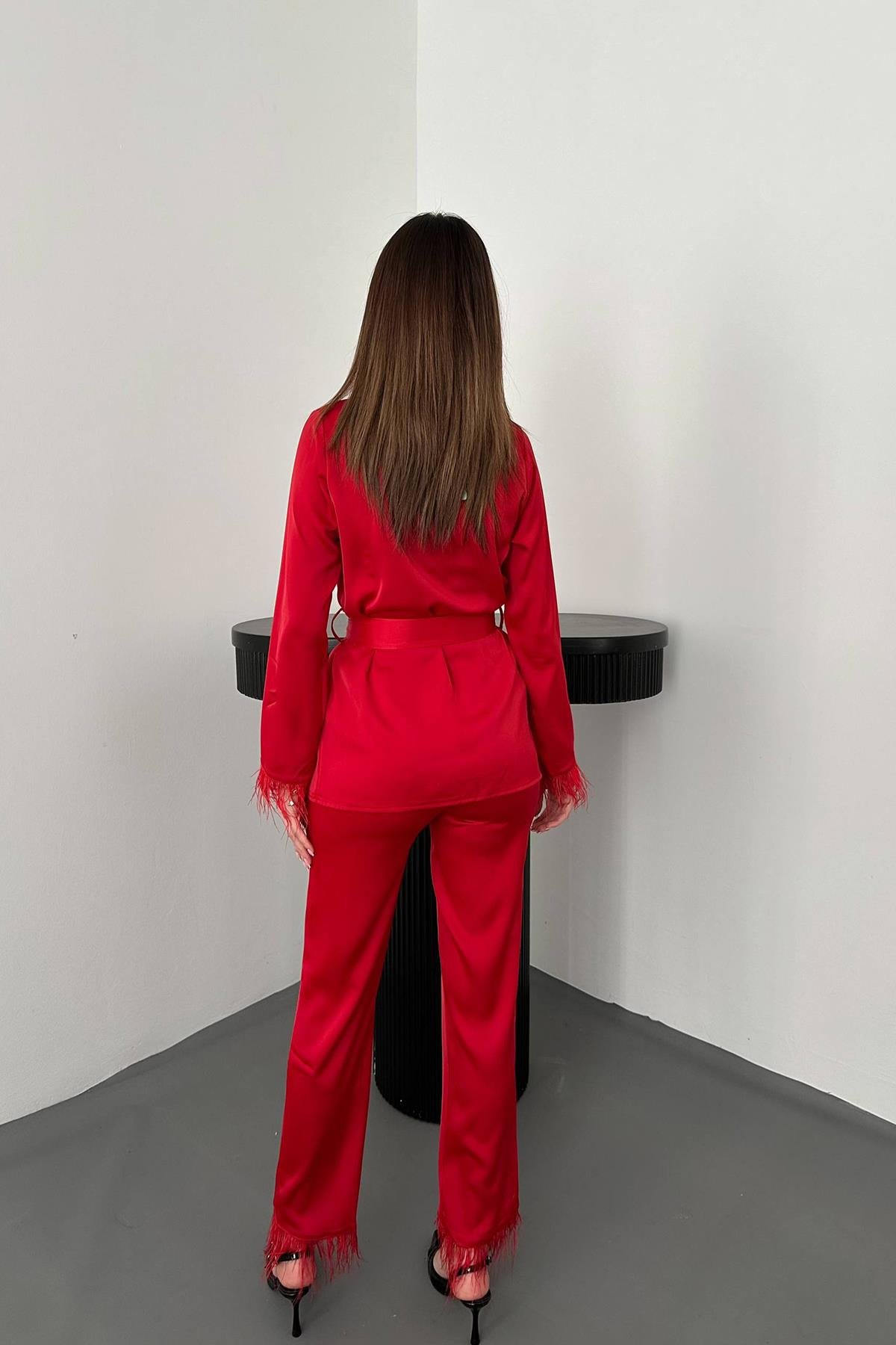 Toptan Kırmızı Püsküllü Saten İkili Takım