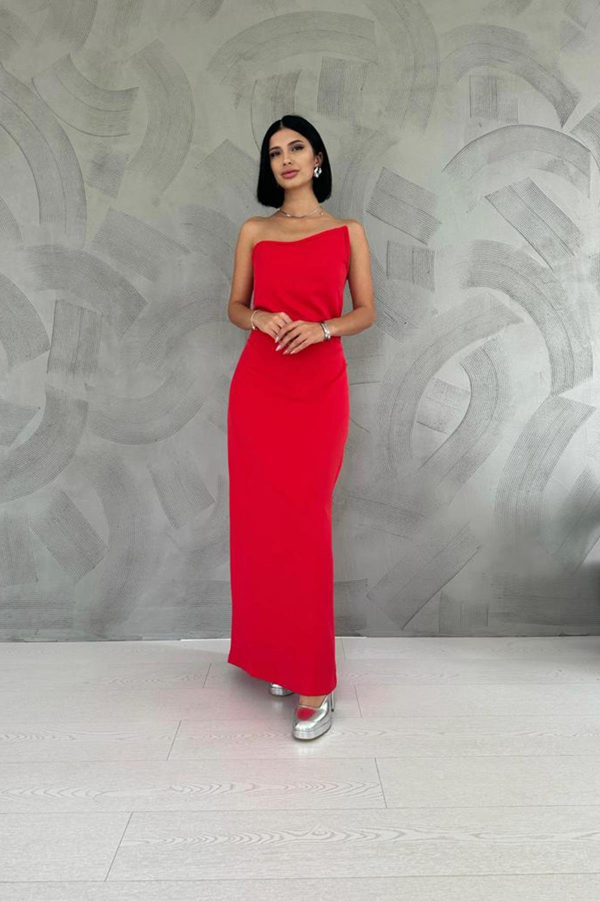 Toptan Kırmızı Straplez Atlas Elbise