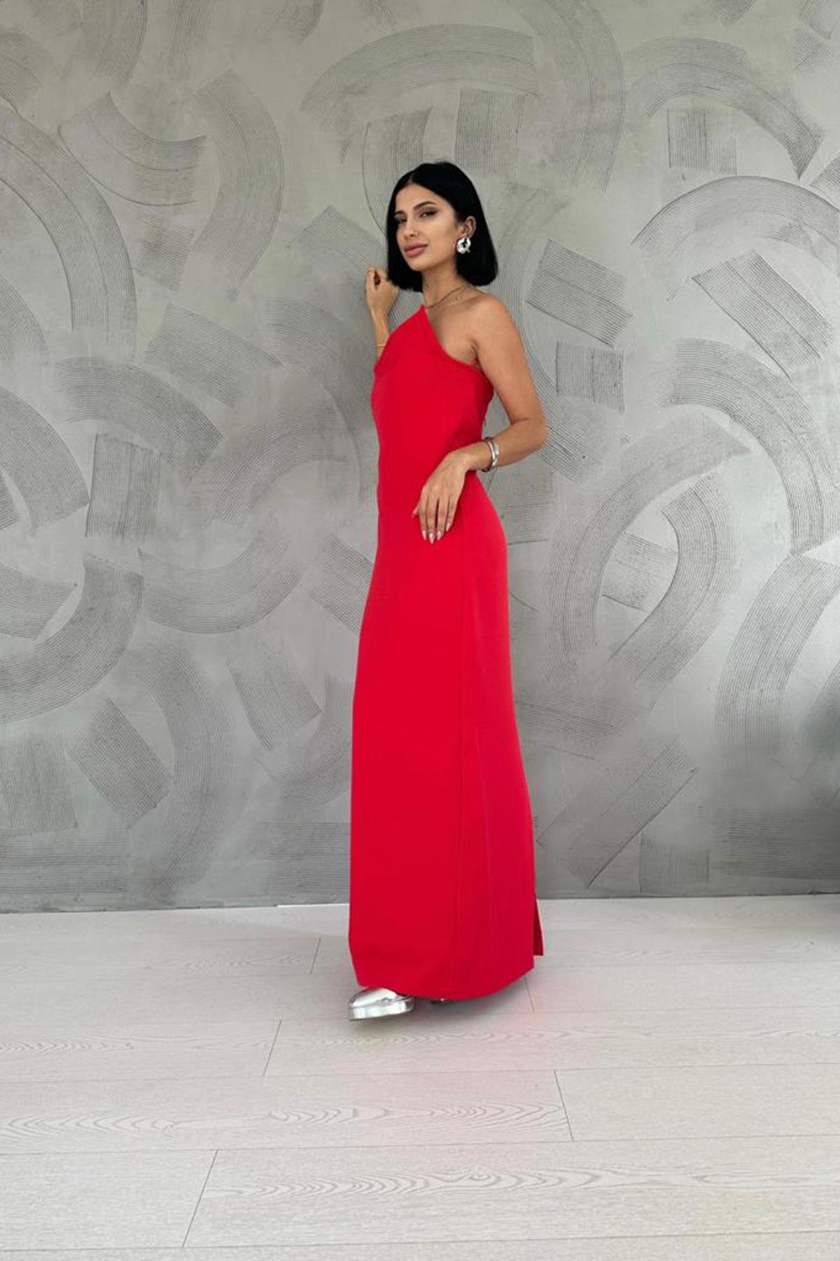 Toptan Kırmızı Straplez Atlas Elbise