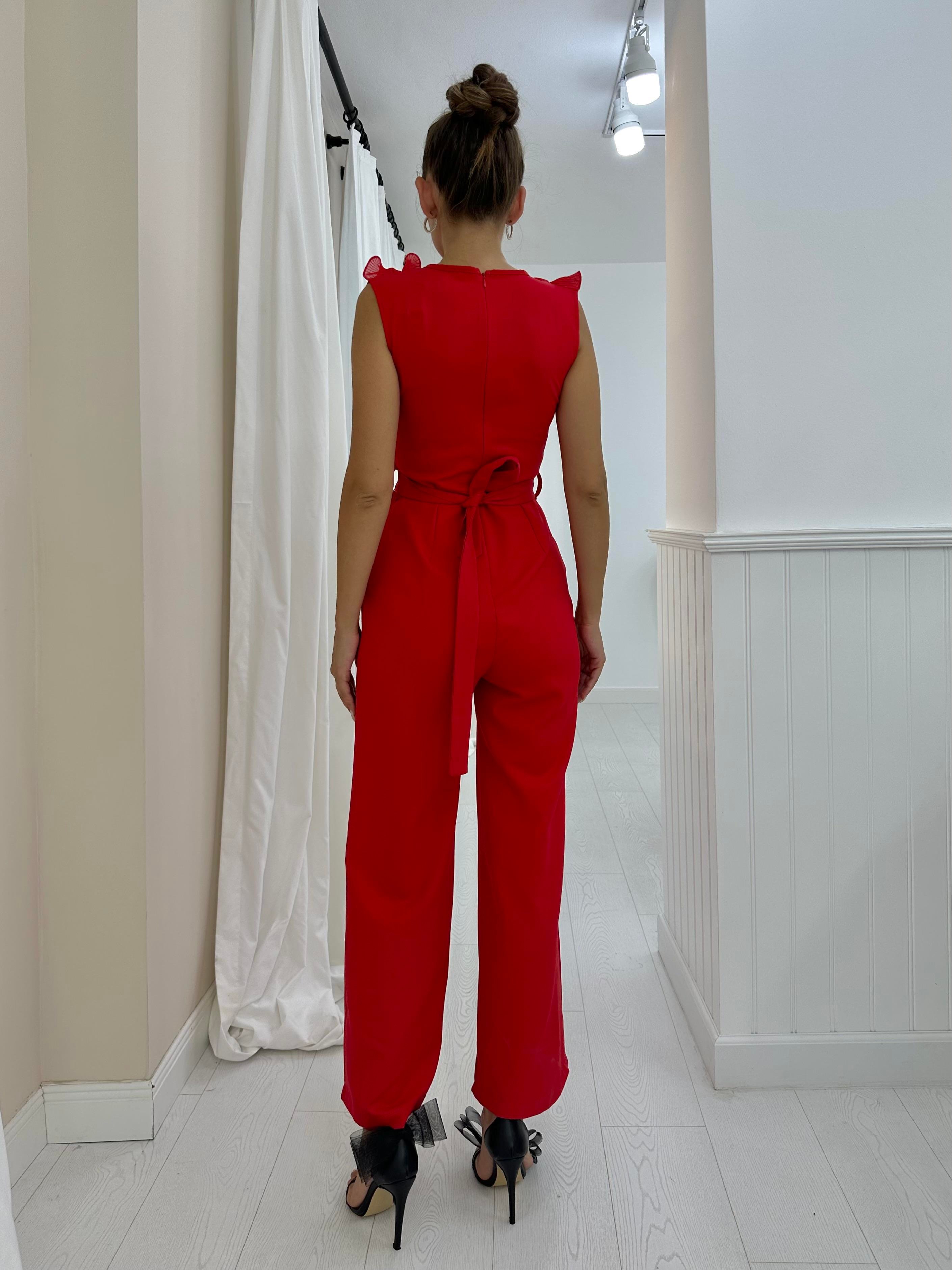 Toptan Kırmızı Volanlı ve Kemerli Tulum