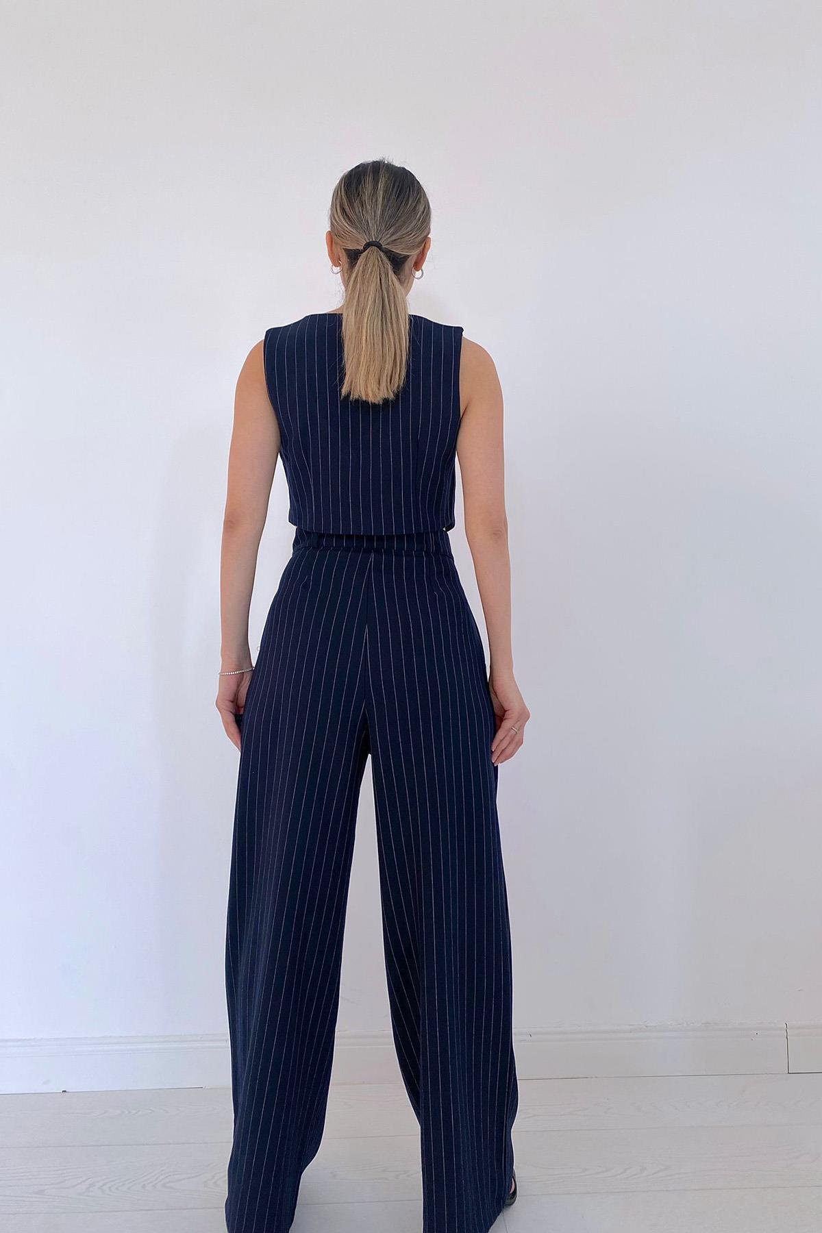Toptan Lacivert Çizgili Ceket & Yelek ve Pantolon Takım