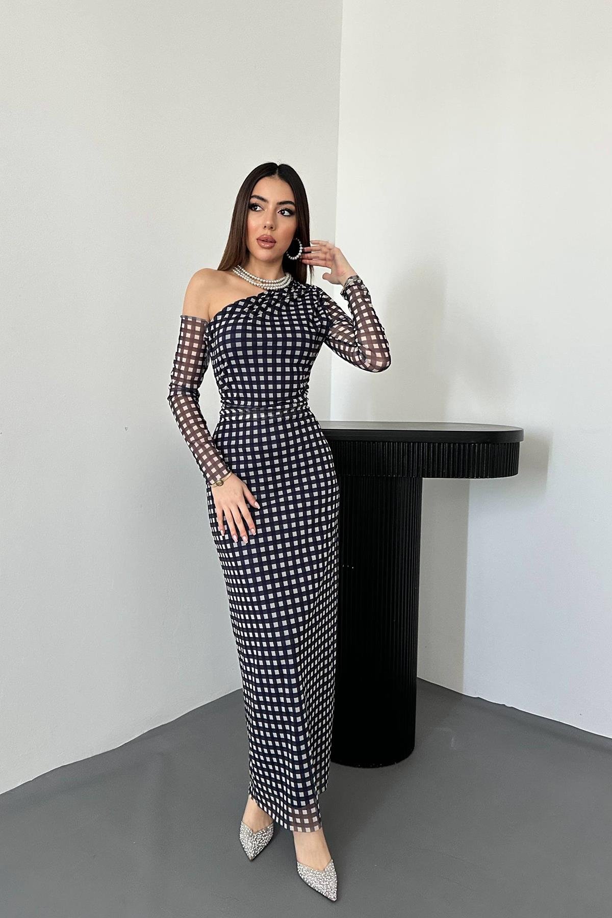 Toptan Lacivert Ekose Desen Tül Elbise