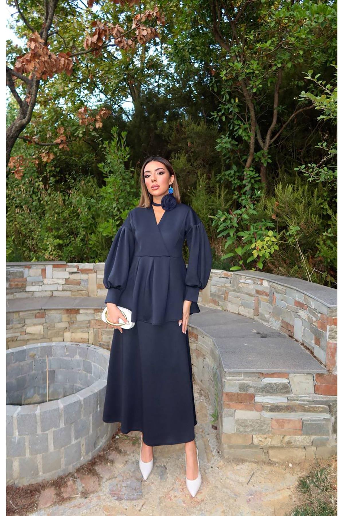 Toptan Lacivert Gül Detaylı Takım