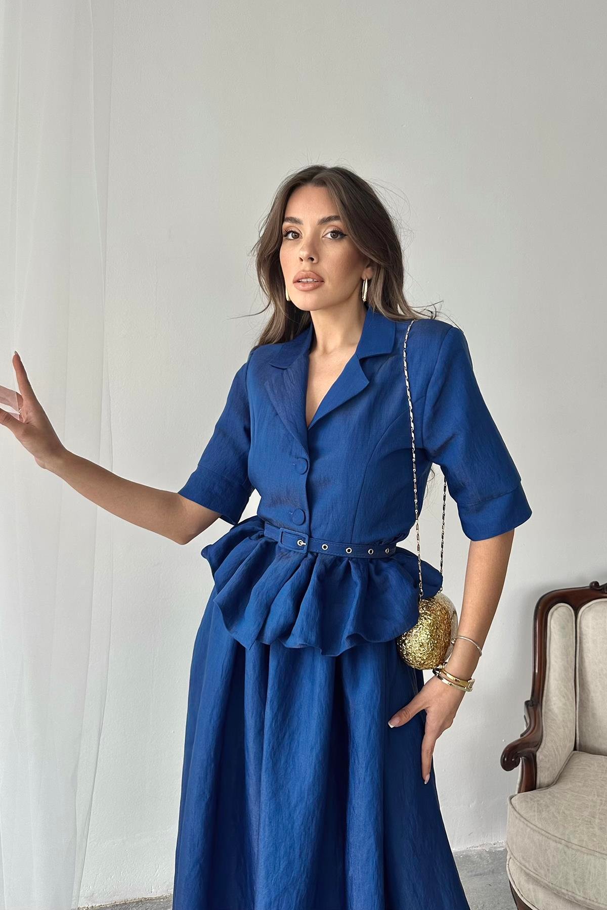 Toptan Lacivert İnce Kemerli Fırfırlı Ceket Ve Büzgülü Etek Takım