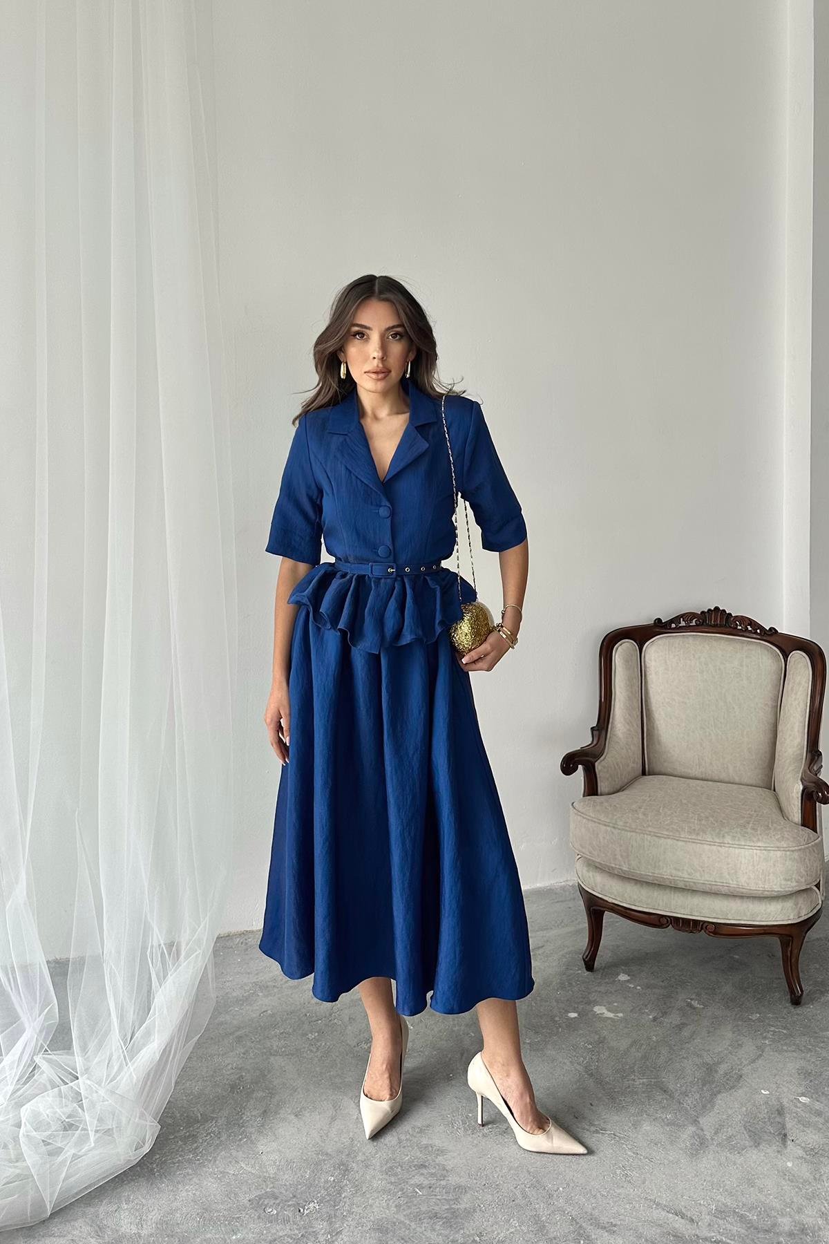 Toptan Lacivert İnce Kemerli Fırfırlı Ceket Ve Büzgülü Etek Takım