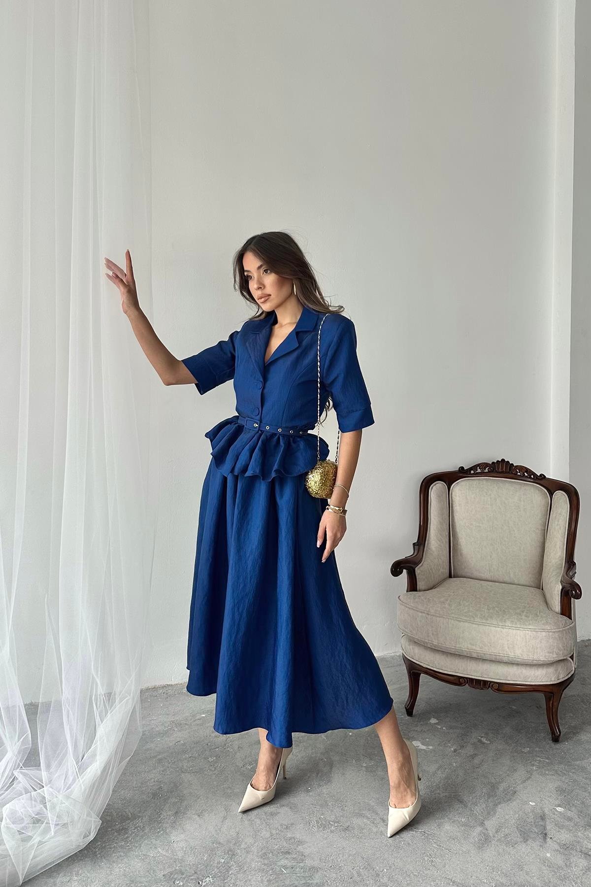 Toptan Lacivert İnce Kemerli Fırfırlı Ceket Ve Büzgülü Etek Takım