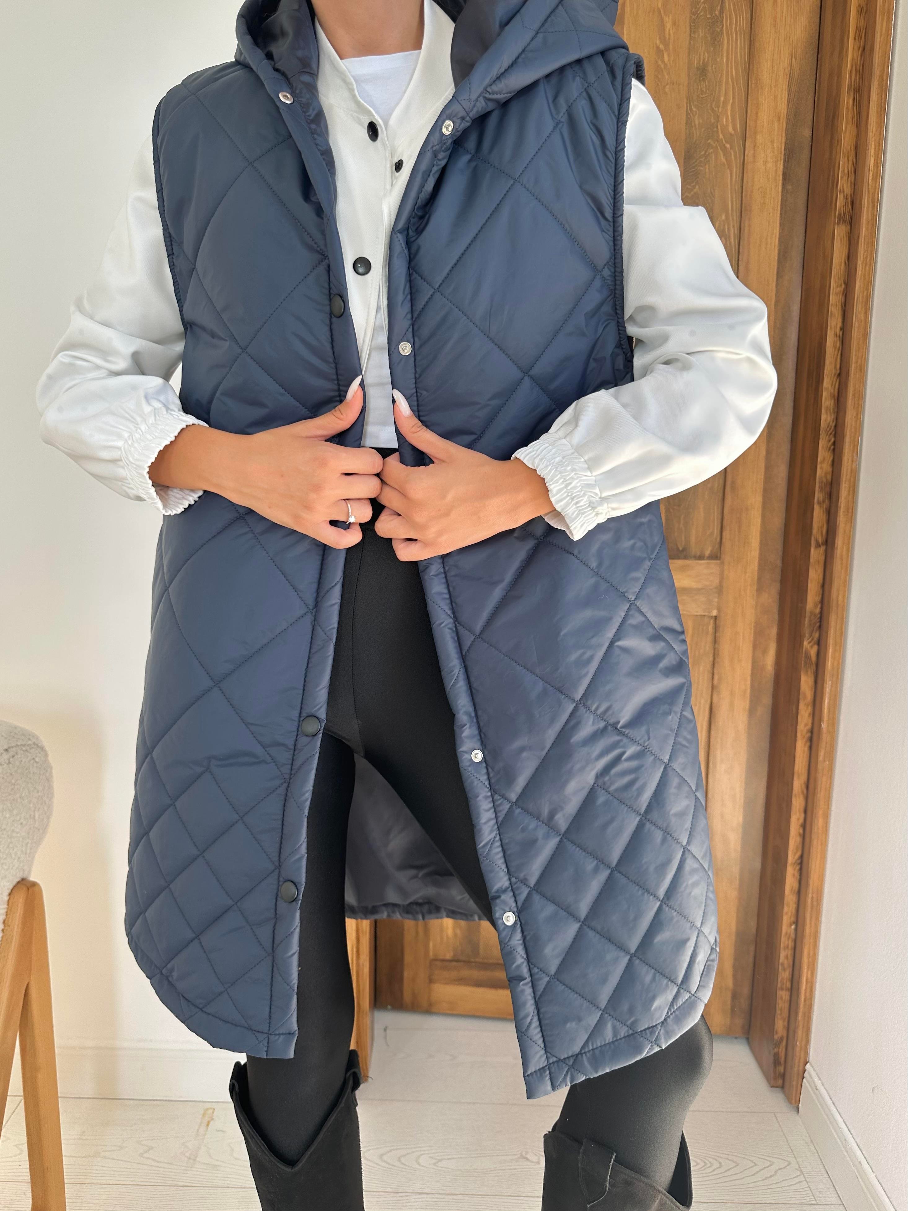 Темно-Синий Стеганый Длинный Жилет