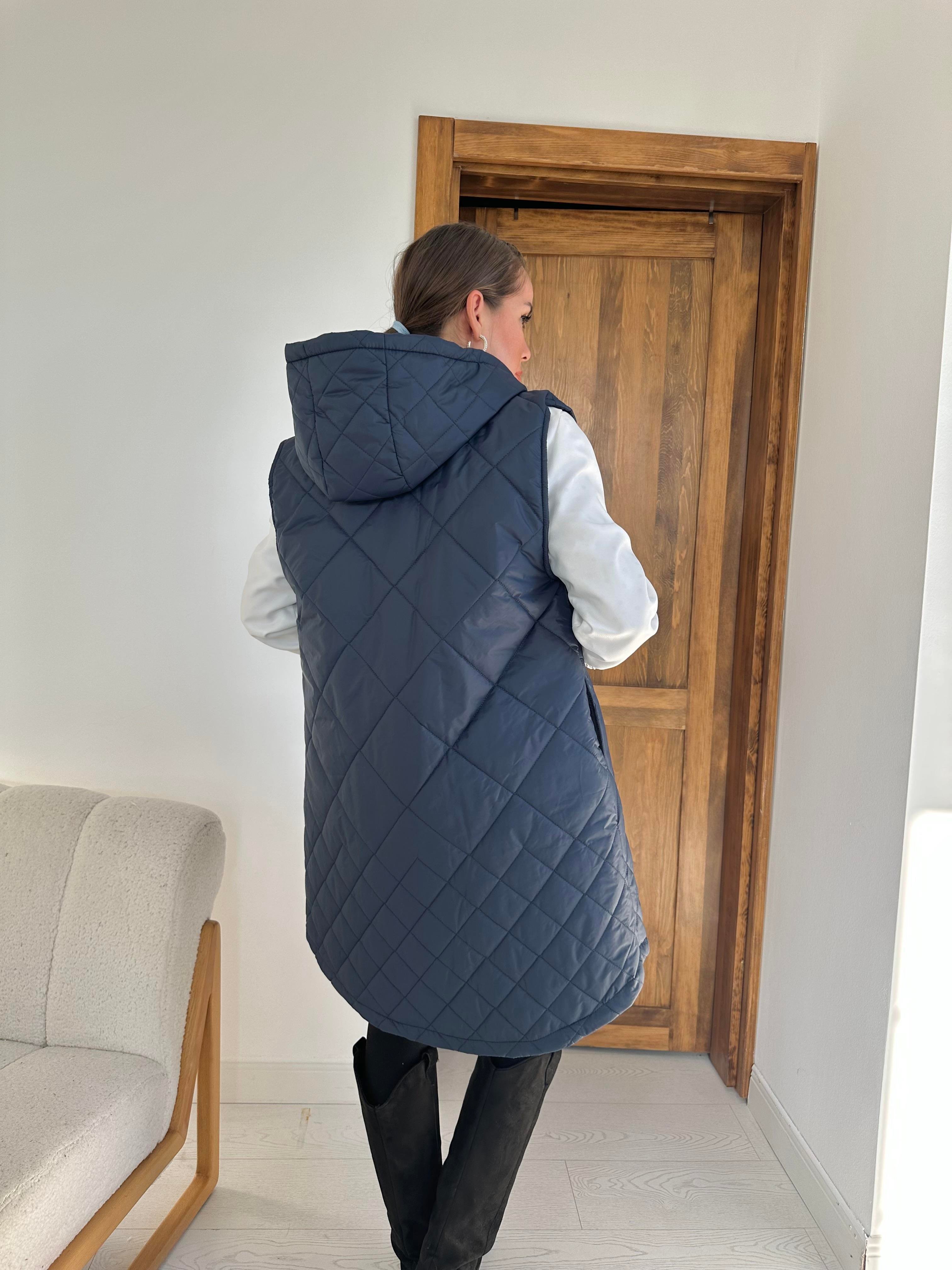 Темно-Синий Стеганый Длинный Жилет