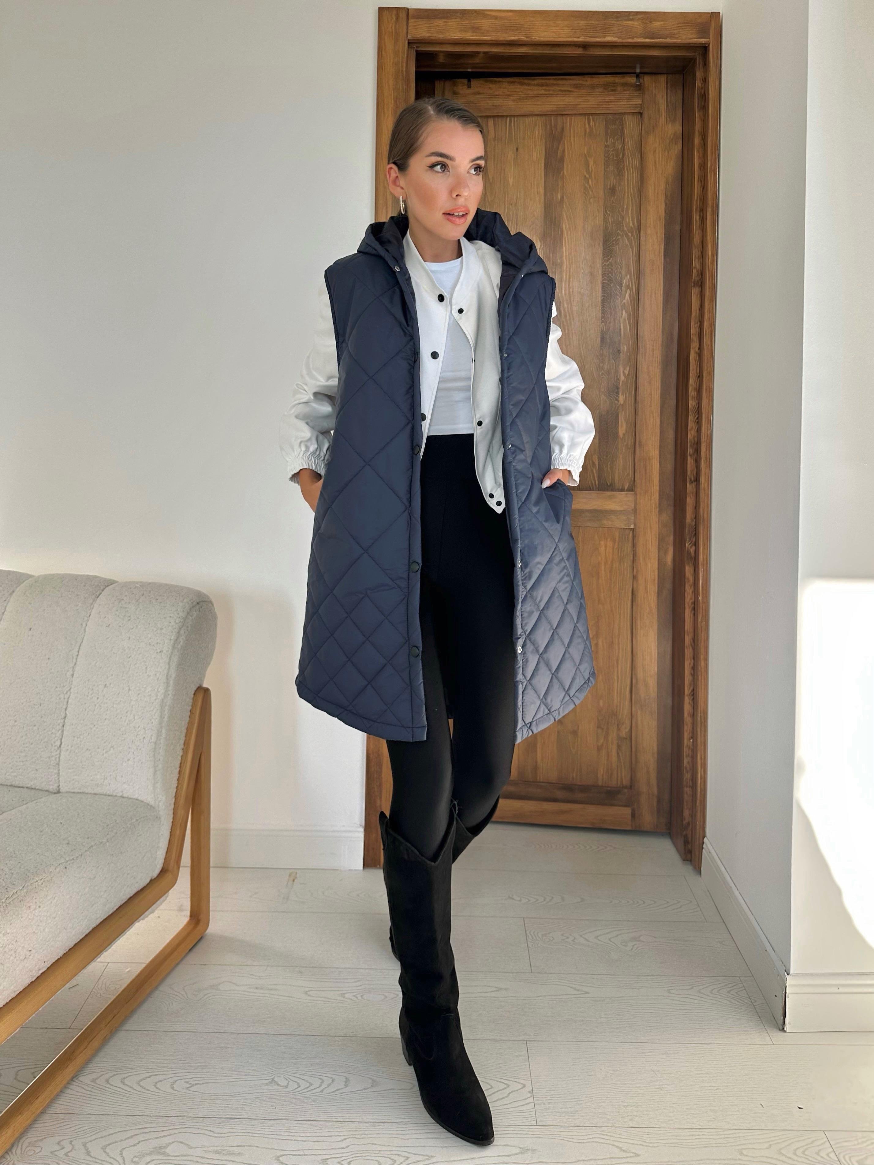 Темно-Синий Стеганый Длинный Жилет