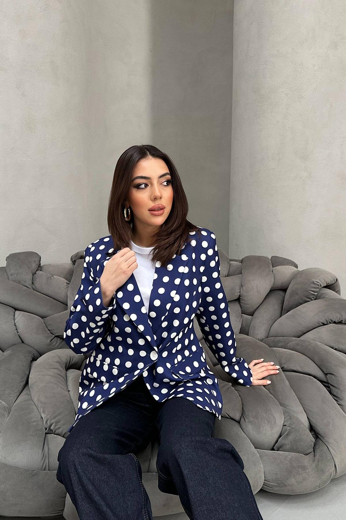 Toptan Lacivert Puantiyeli Blazer Ceket