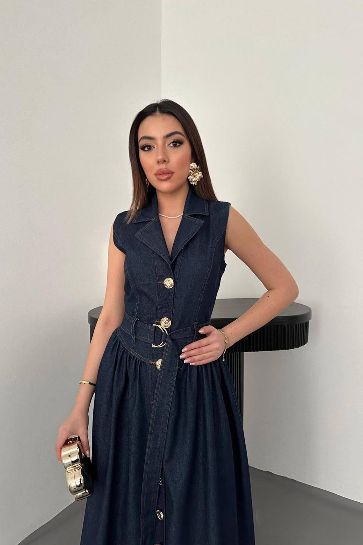 Toptan Lacivert Uzun Kot Elbise