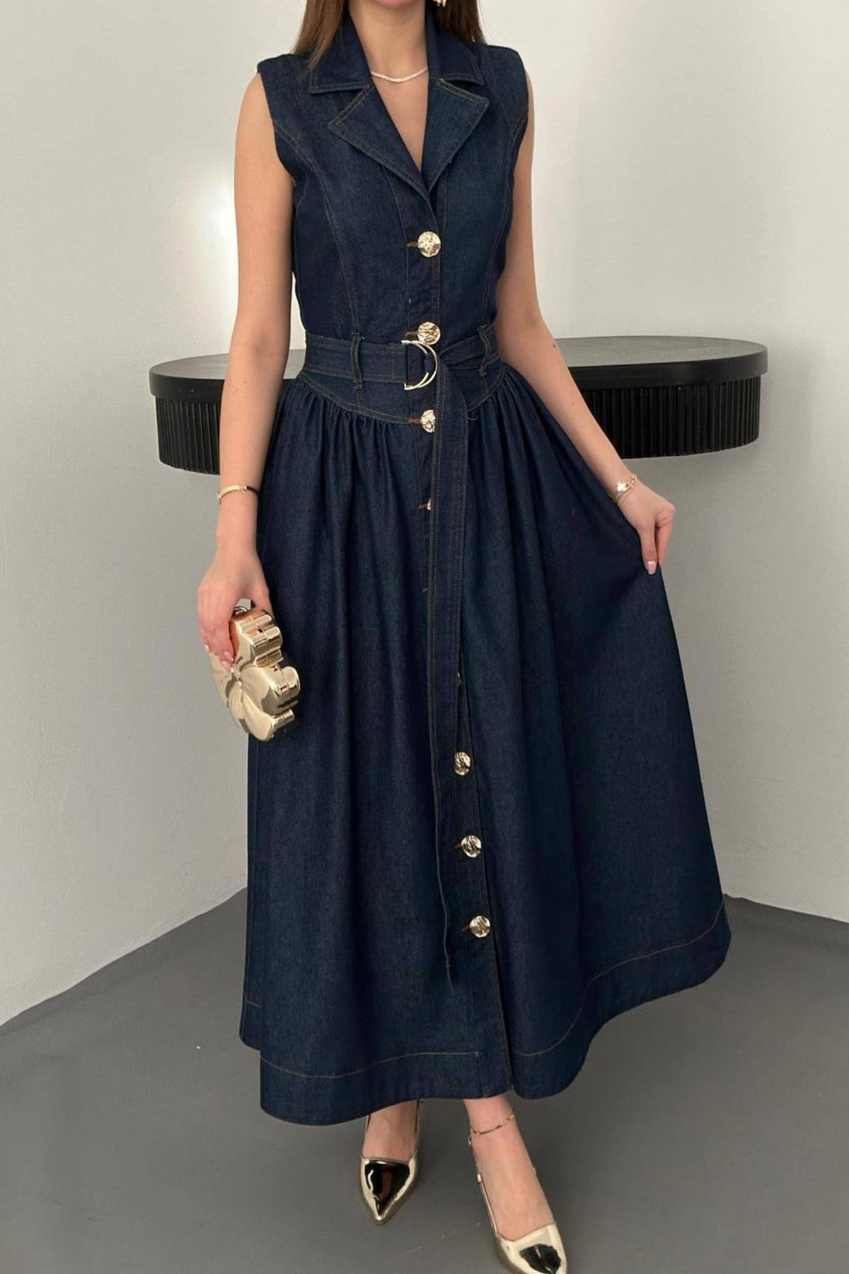 Toptan Lacivert Uzun Kot Elbise