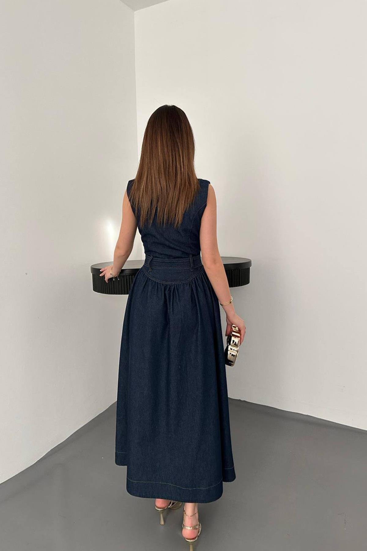 Toptan Lacivert Uzun Kot Elbise