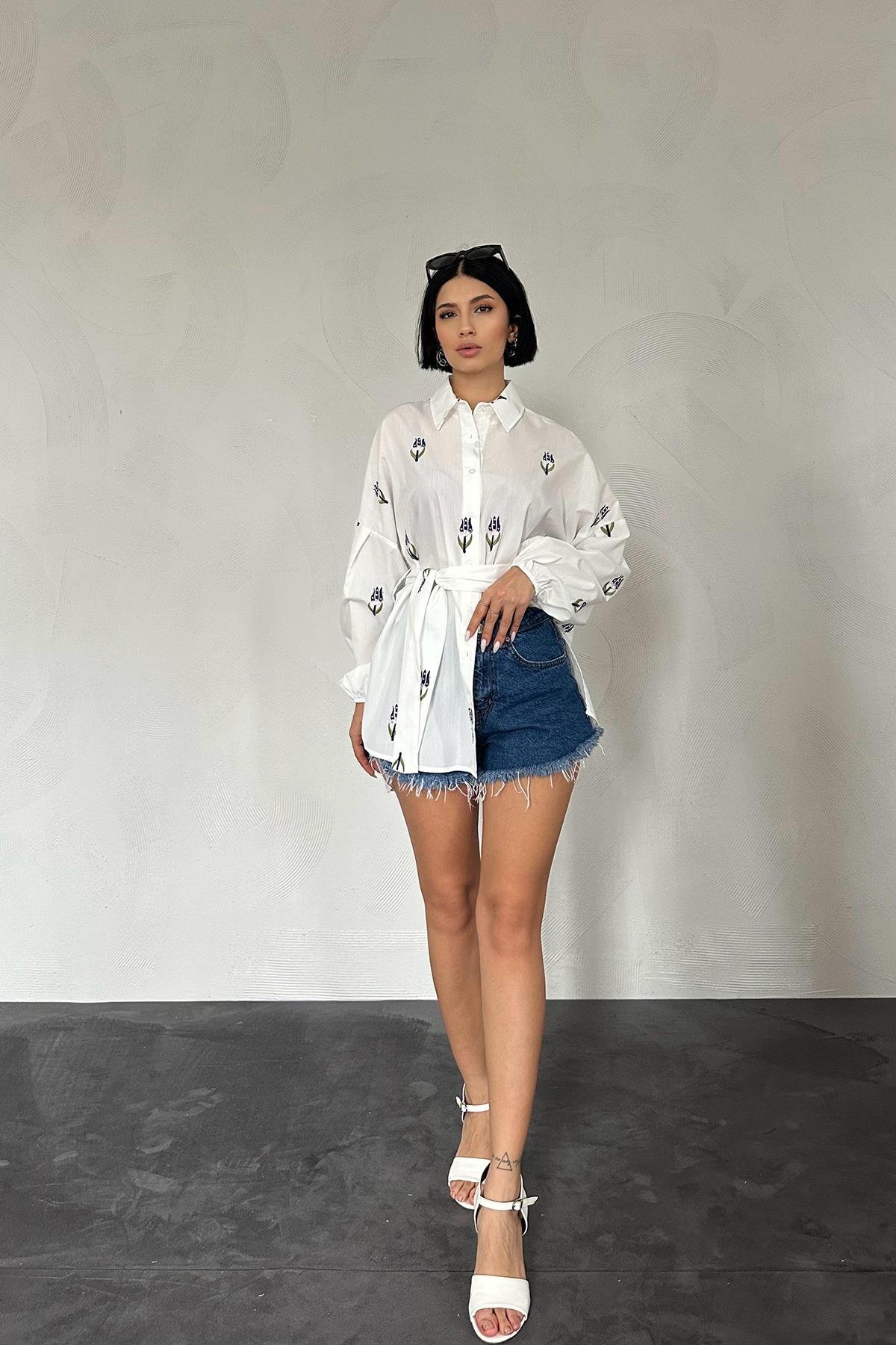 Toptan Lacivert Vual Metraj Nakış Kuşaklı Gömlek