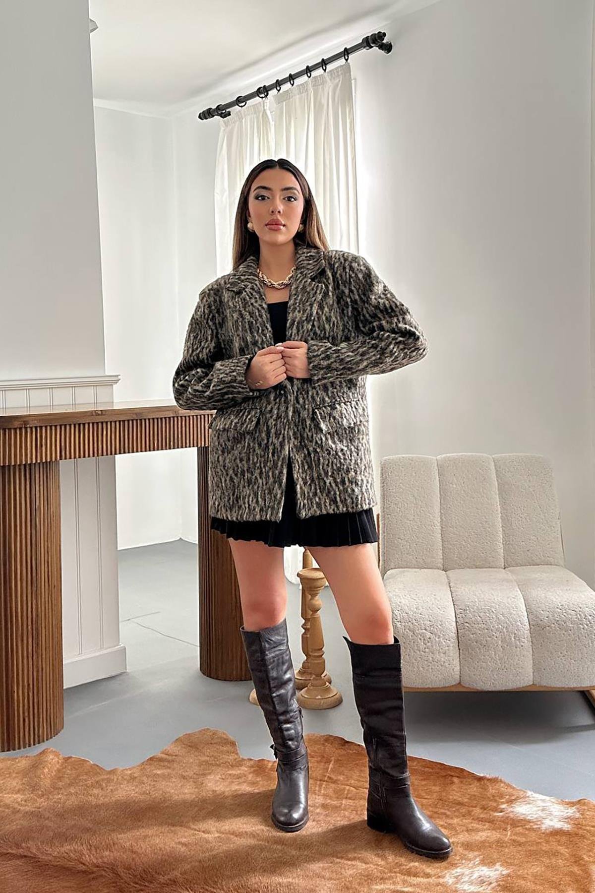 Toptan Leopar Leopar Yünlü Ceket