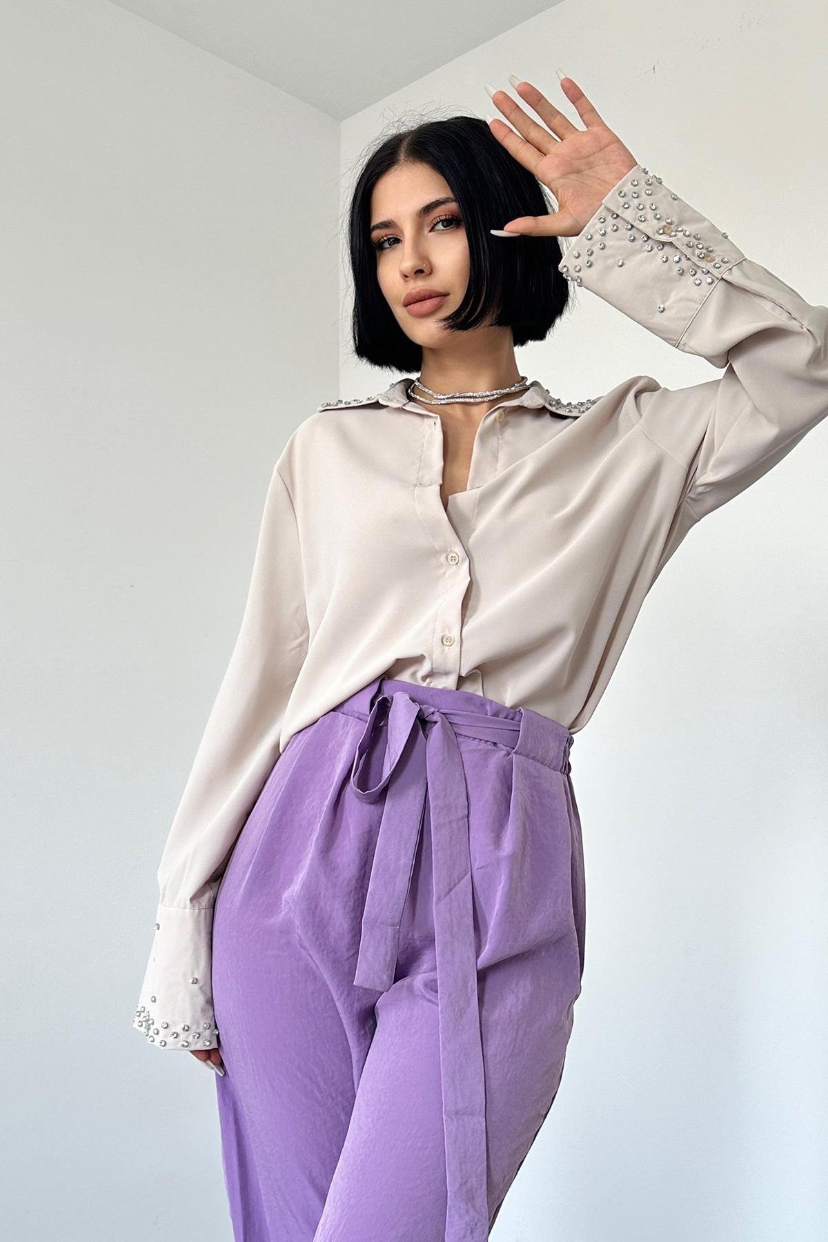 Toptan Lila Kuşaklı Pantolon