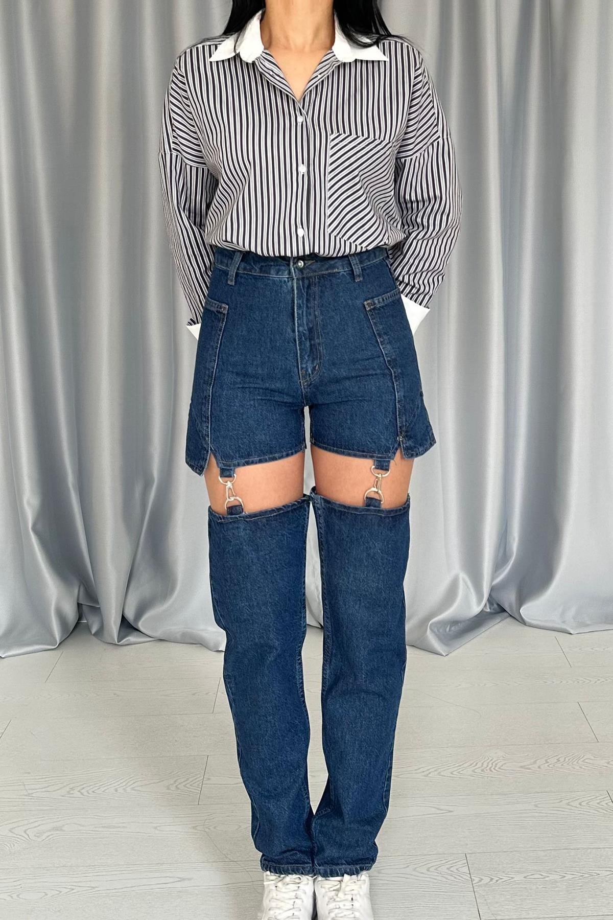 Toptan Mavi Askılı İki Parça Jeans Pantolon