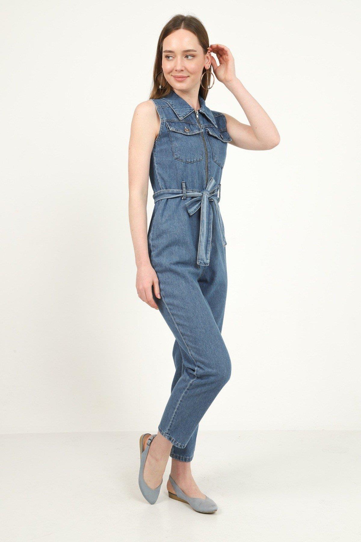 Toptan Mavi Cepli Kuşaklı Sıfır Kol Tulum