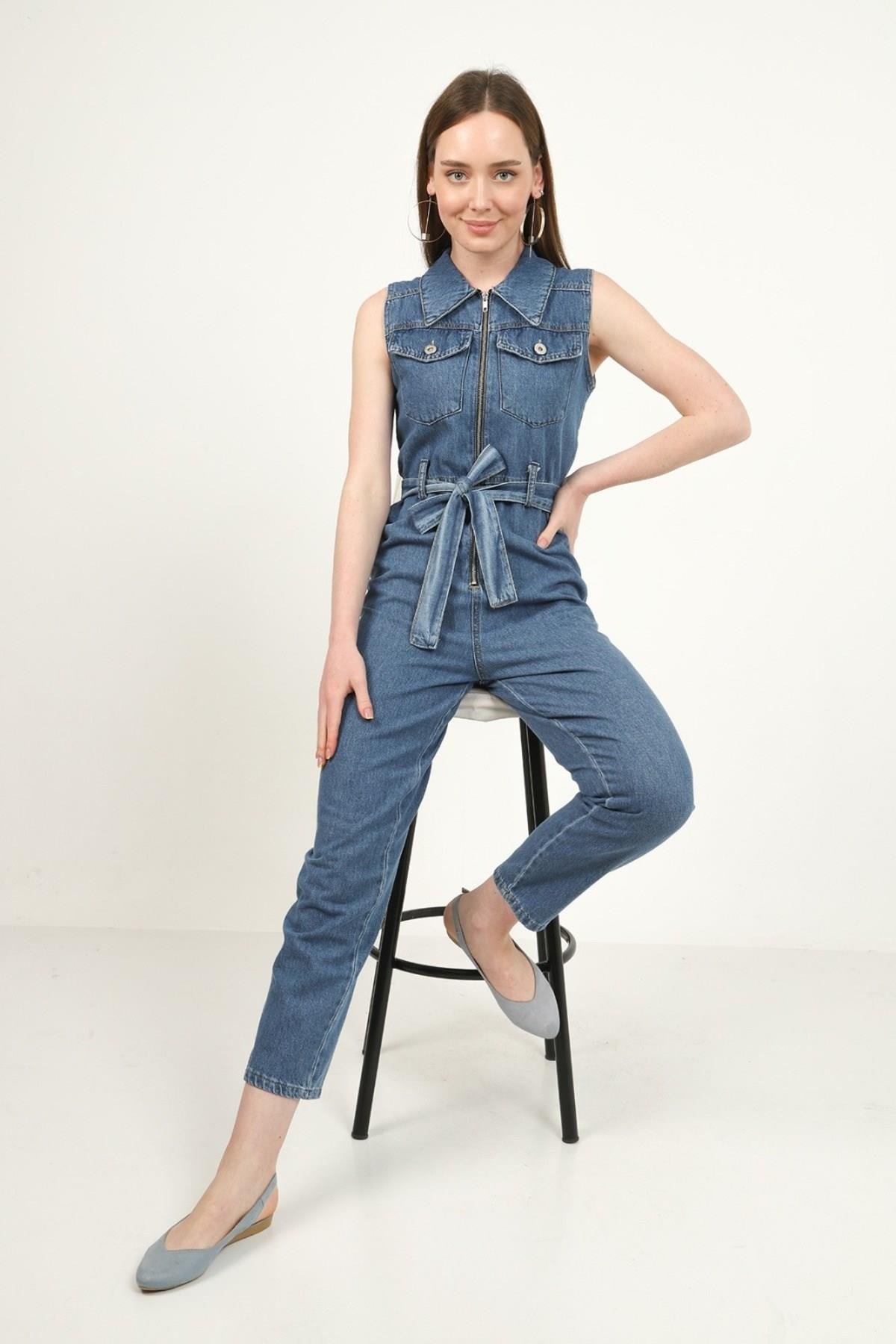 Toptan Mavi Cepli Kuşaklı Sıfır Kol Tulum