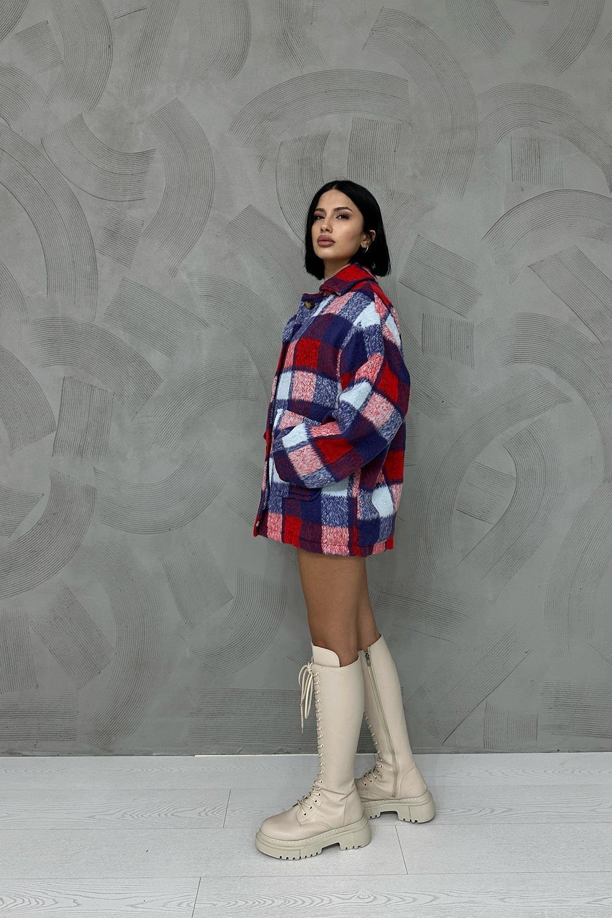 Blue Buttoned Plaid Women'S Coat