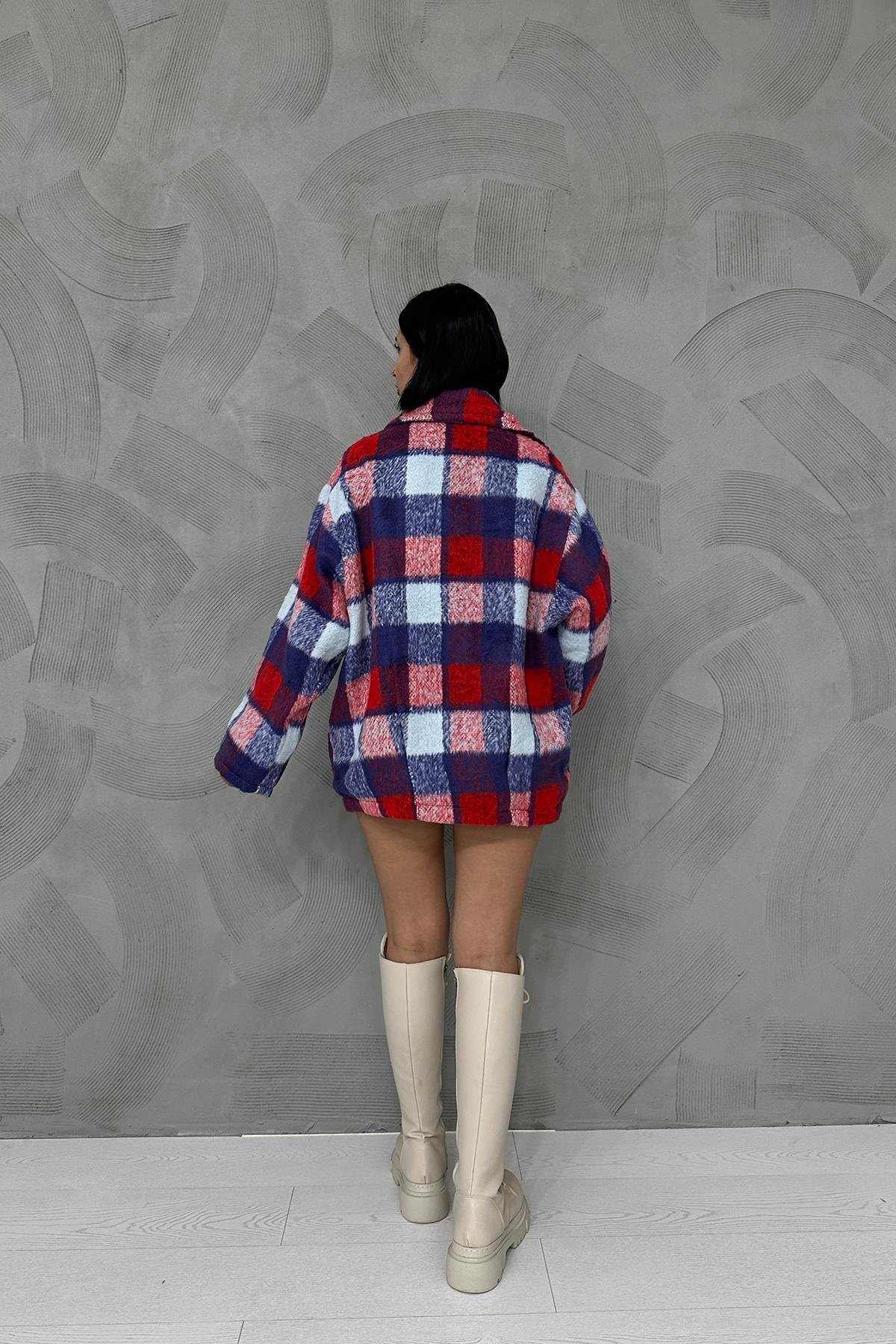 Blue Buttoned Plaid Women'S Coat