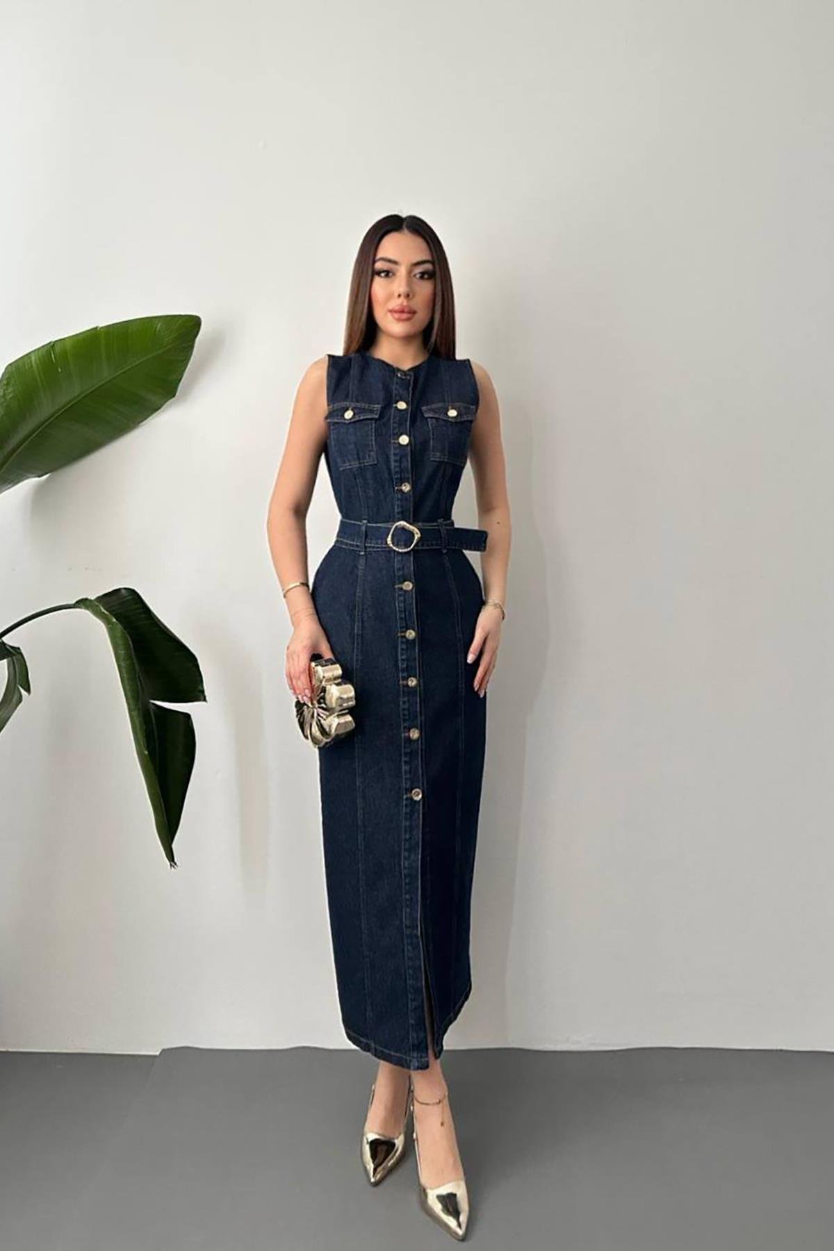 Toptan Mavi Düğmeli Kot Elbise