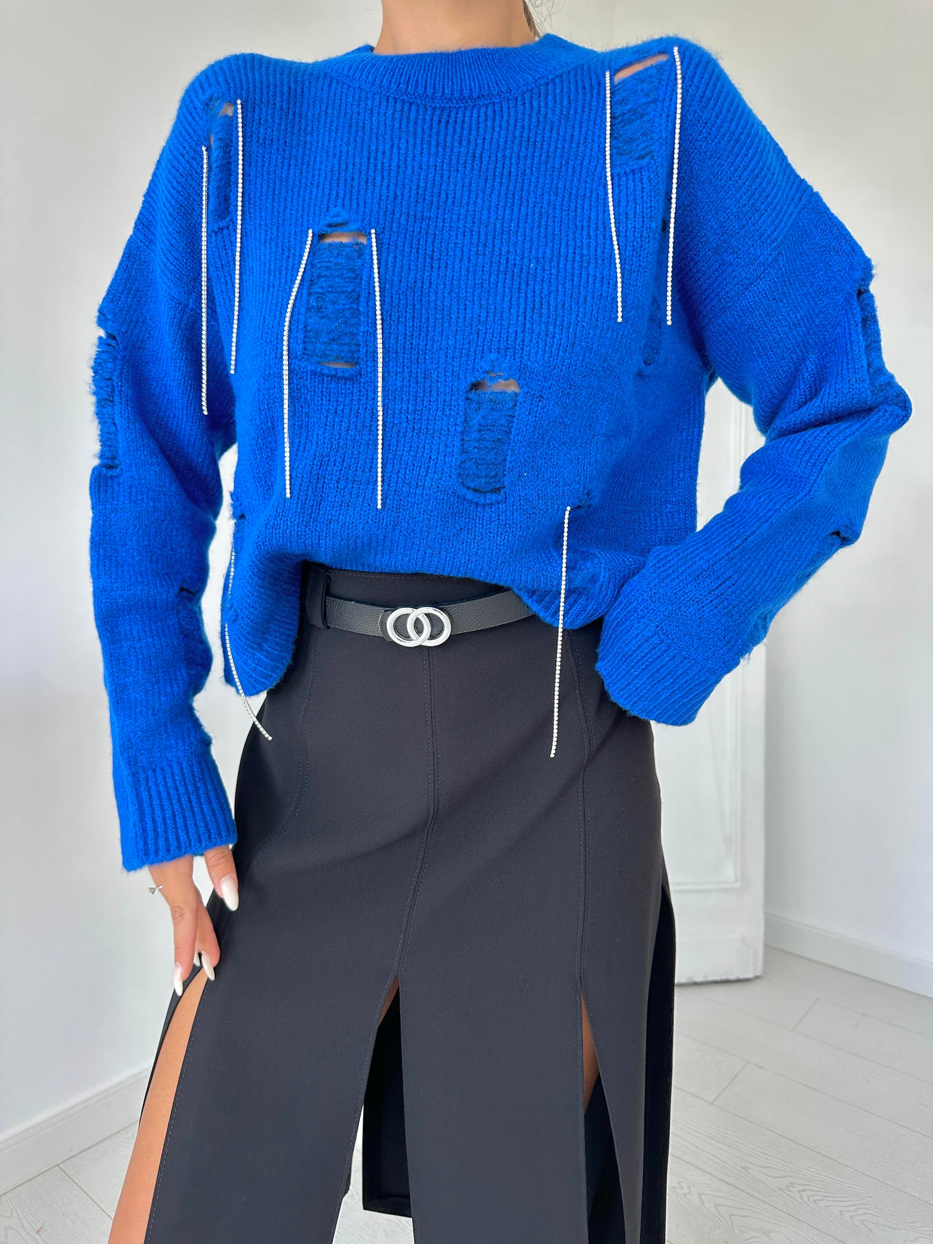 Toptan Mavi Faça ve Zincirli Triko Kazak