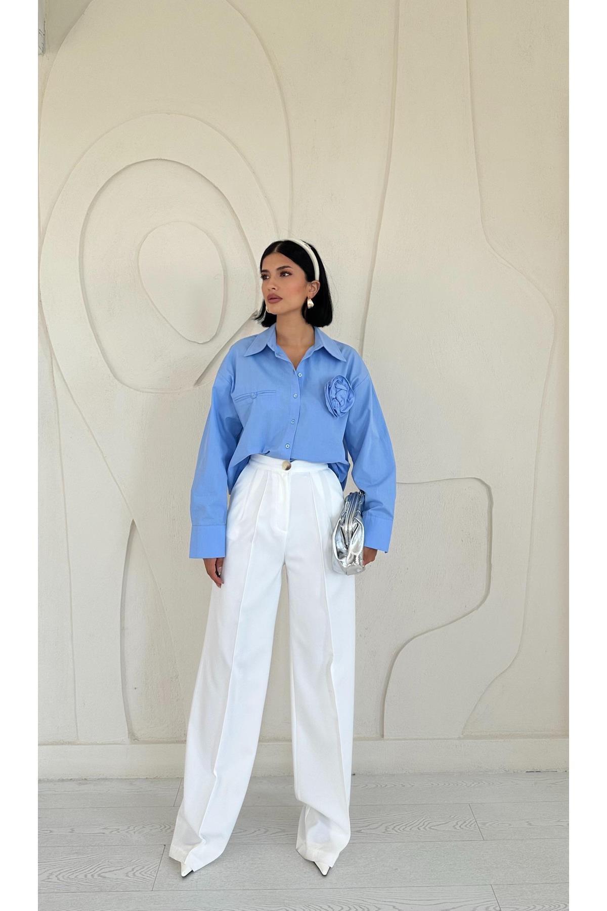 Toptan Mavi Fleto Cepli Poplin Gömlek