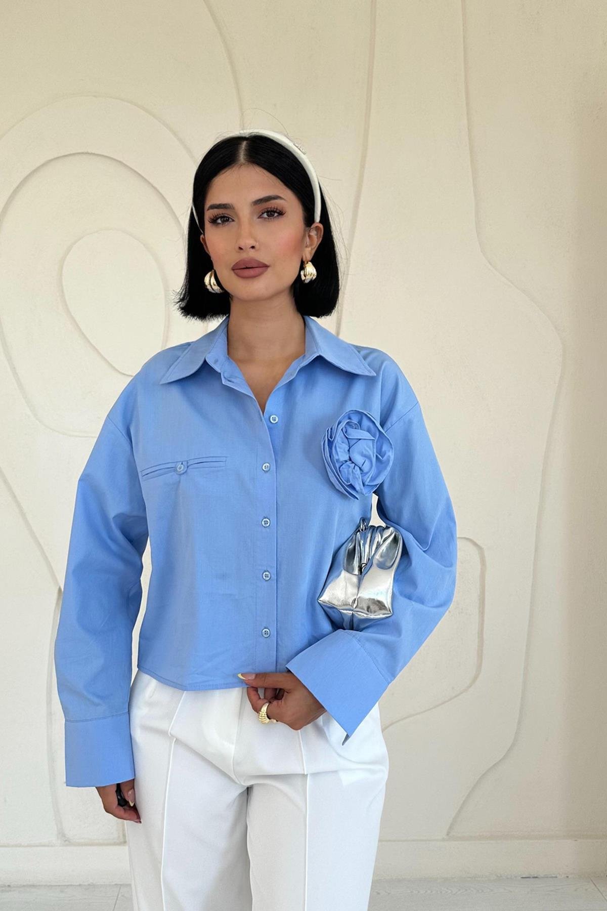 Toptan Mavi Fleto Cepli Poplin Gömlek