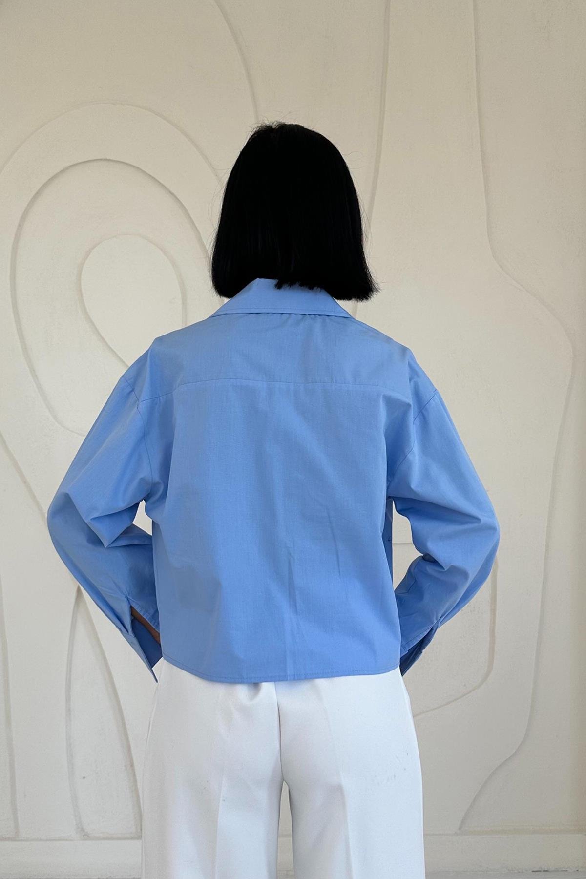 Toptan Mavi Fleto Cepli Poplin Gömlek