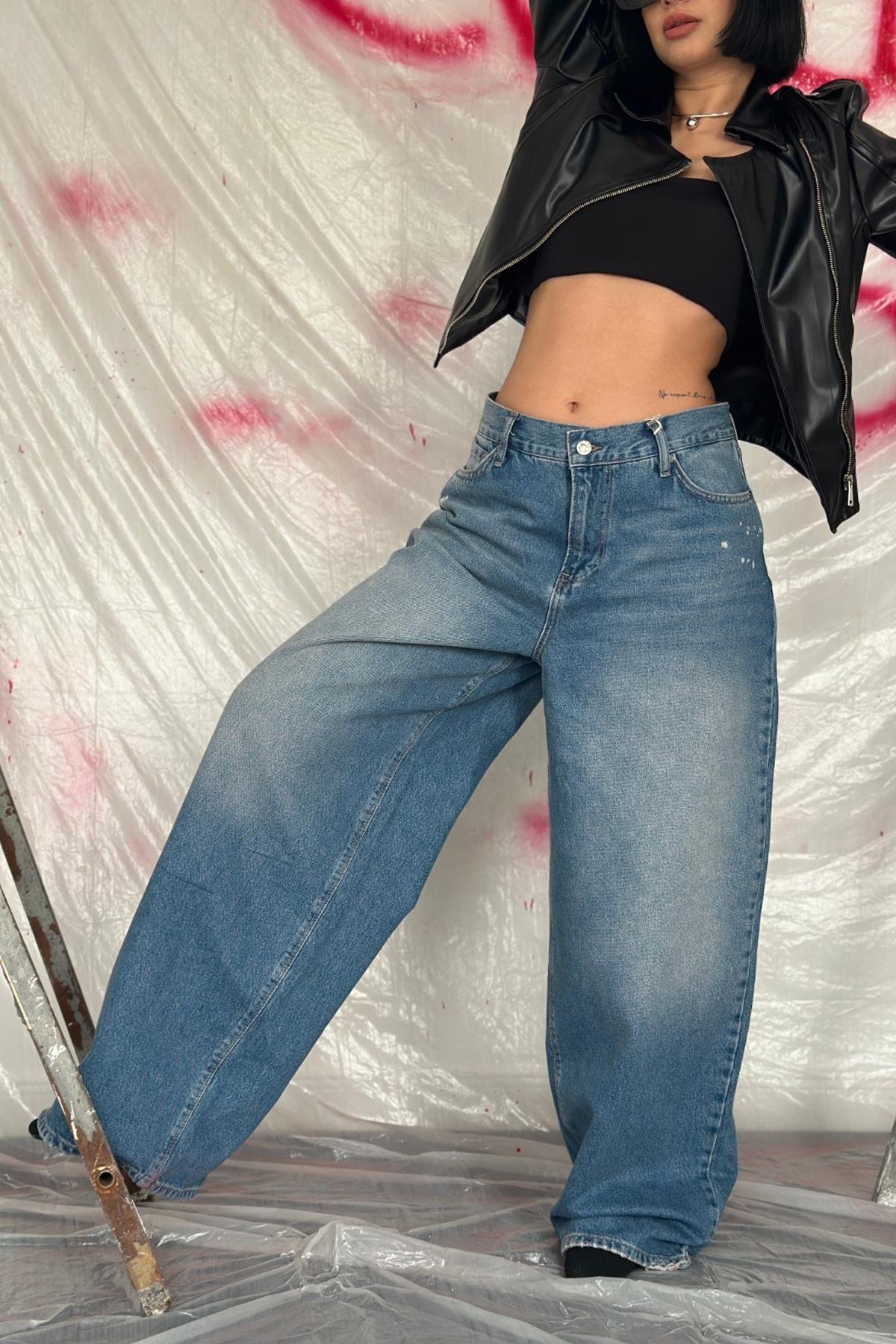 Toptan Mavi Geniş Paça Jeans Pantolon