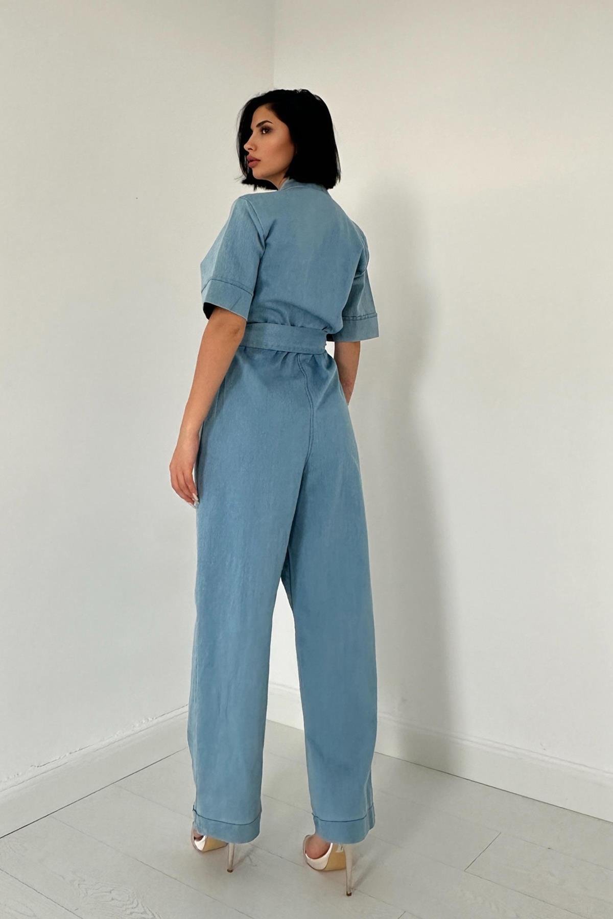 Toptan Mavi Kemerli ve Düğmeli Kot Tulum